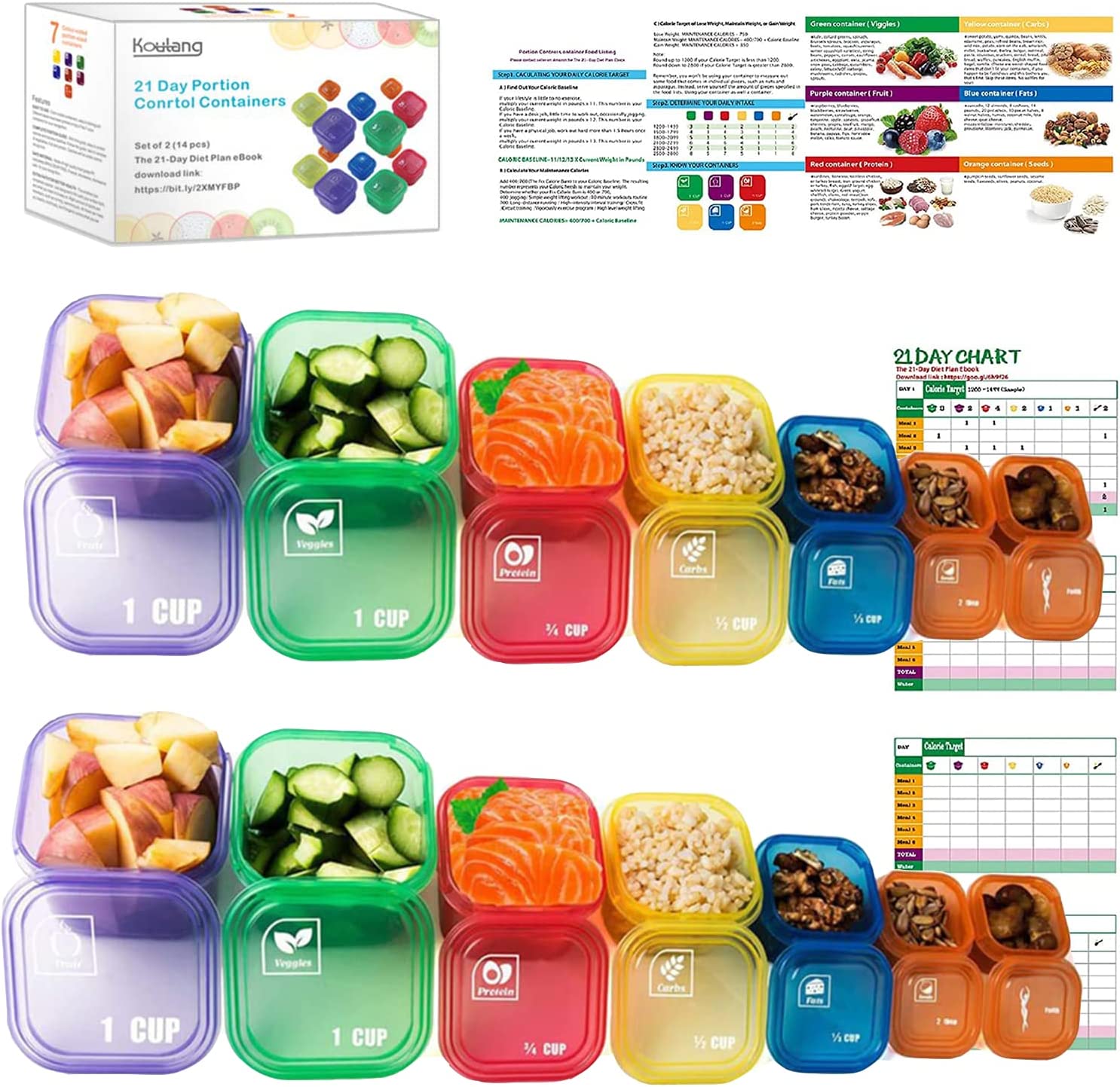 Koulang 21 Day Portion Control Container Kit – 14 Pieces BPA Free Food Portion Container Multi-Color Coded and Label-Engraved for Diet Plans, Lose Weight with eBook… (colorful)