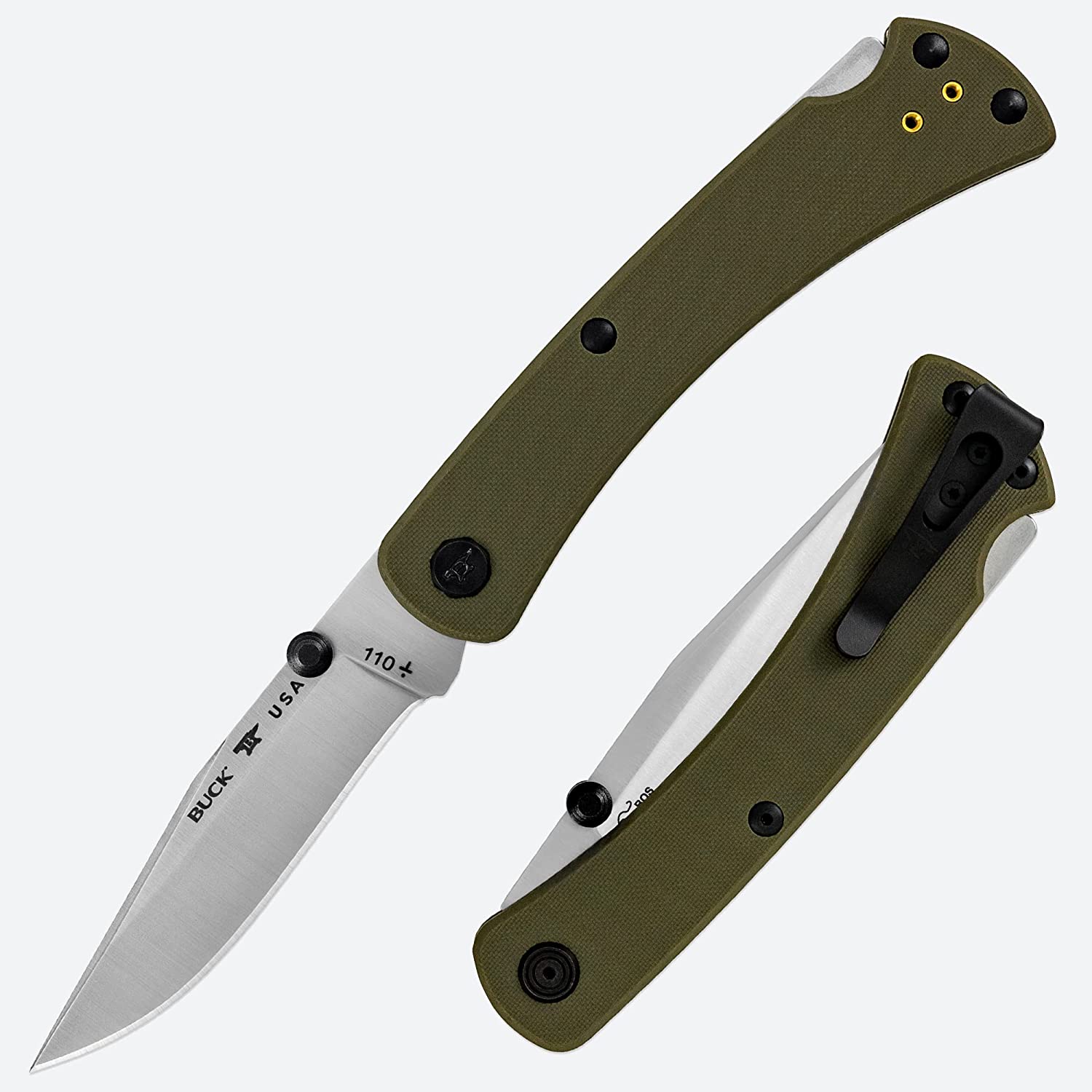 Buck Knives 110 Slim Pro TRX Lock-back Pocket Knife with G10 Handle, Thumb Studs and Removable/Reversible Deep Carry Pocket Clip, 3-3/4" S30V Blade (Green)