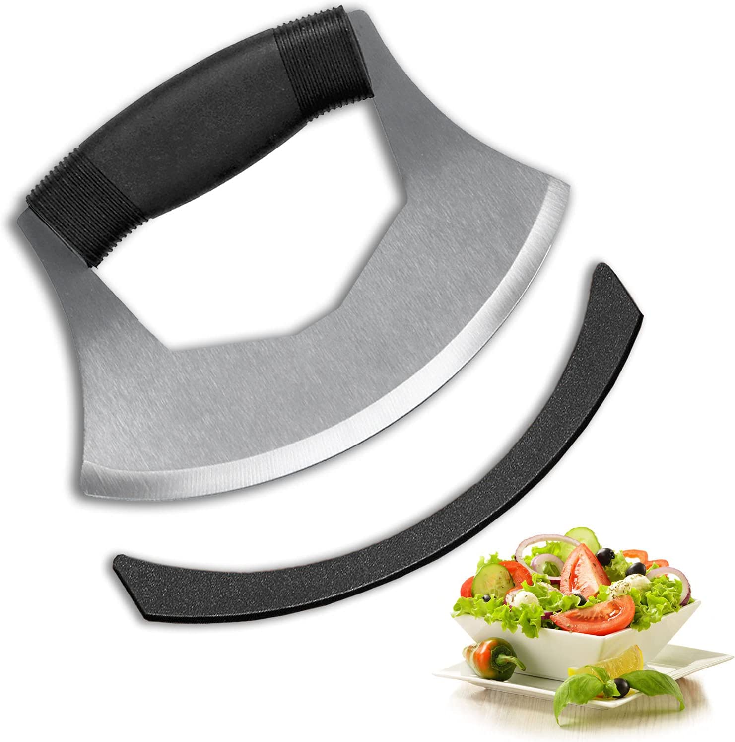 Mezzaluna Knife Salad Chopper, Stainless Steel Blade with Protective Cover – Ergonomic Anti-Slip Handle Vegetable Chopper Mincing Knife for Pizza, Cheese, Onion, Carrot, Pepper, Garlic, Vegetable