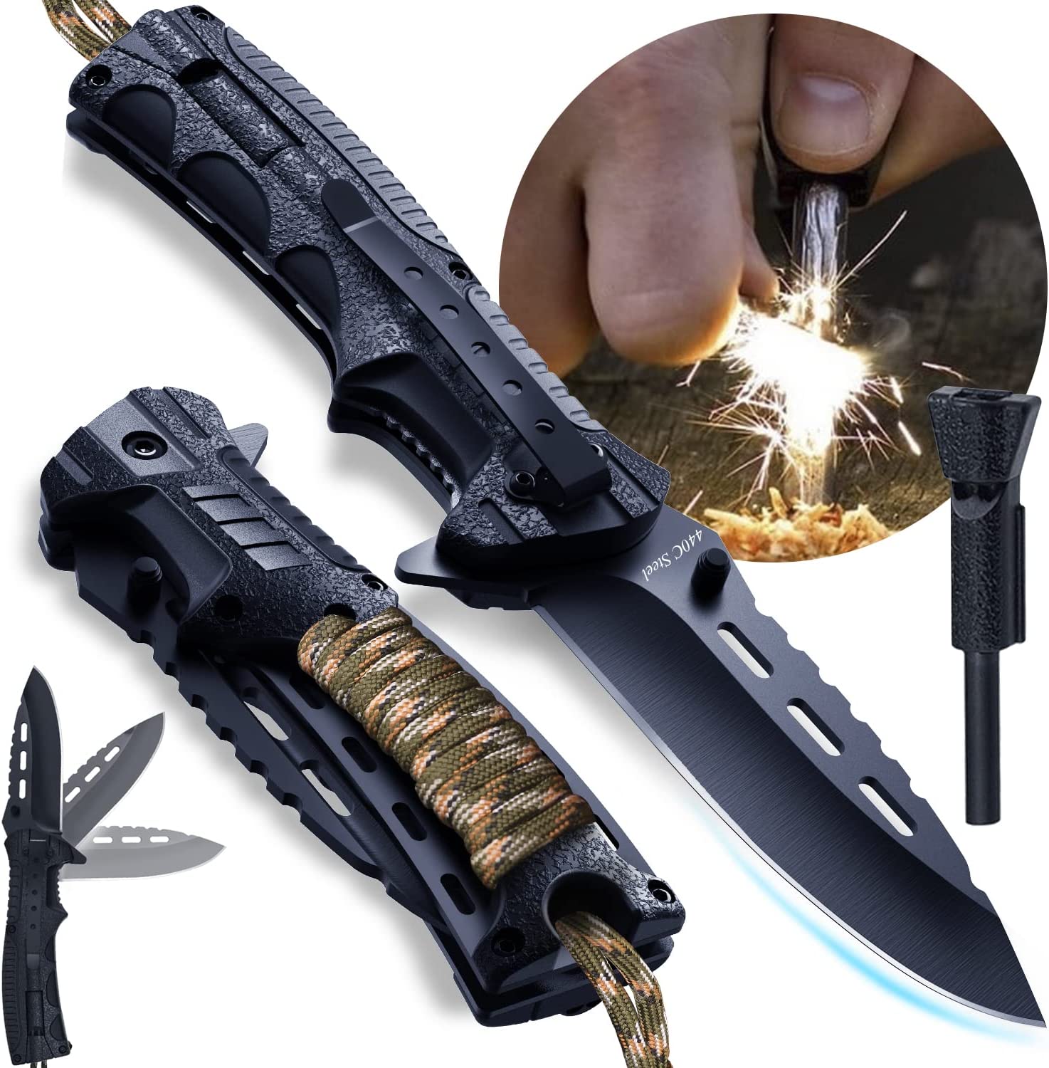 GRAND WAY Pocket Knife – Tactical Folding Knife – Spring Assisted Knife with Fire Starter Paracord Handle – Best EDC Survival Hiking Hunting Camping Knife – Knife with Firestarter and Whistle 6772