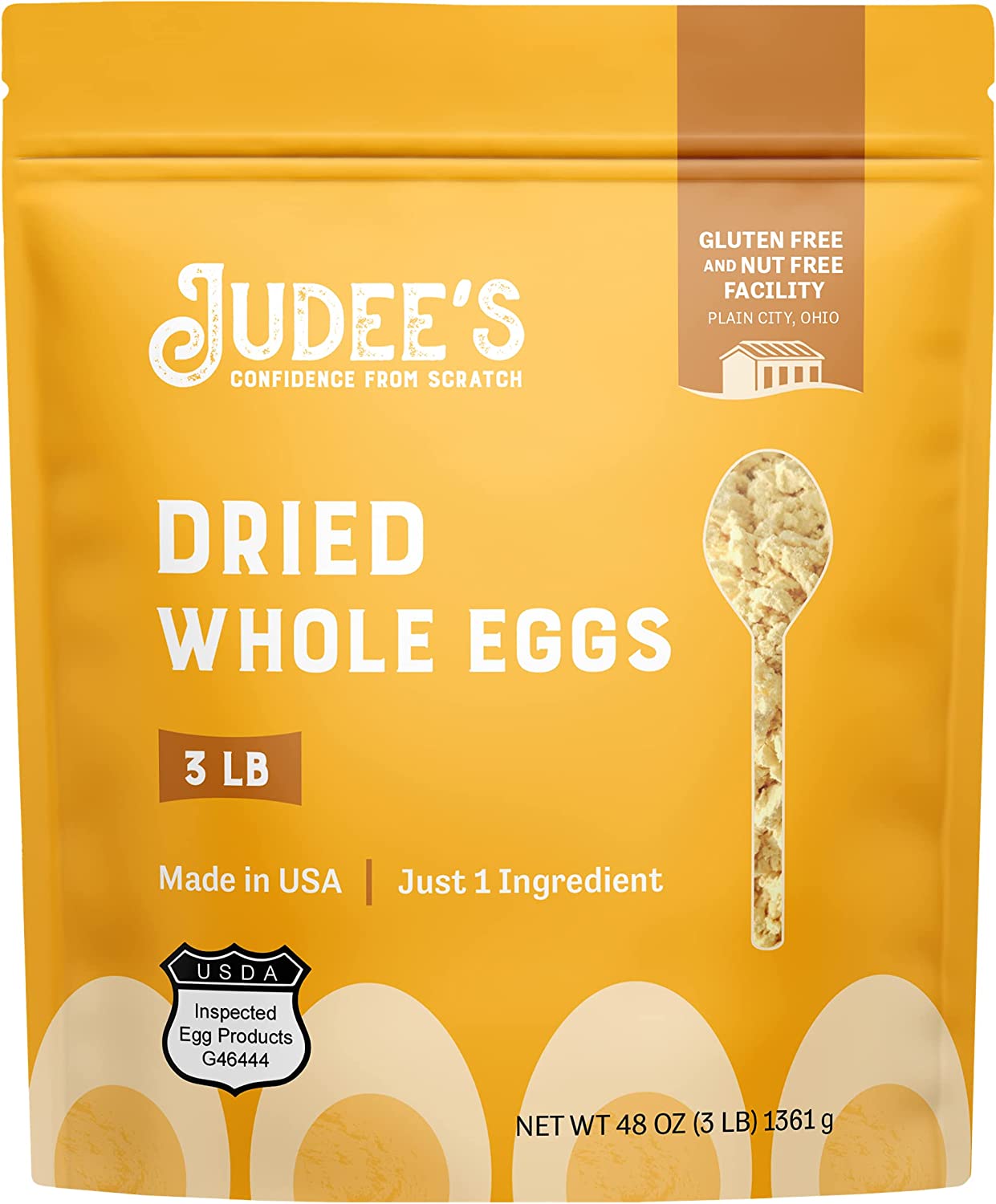 Judee’s Whole Egg Powder 3 lb – No Additives, Just One Ingredient, Pasteurized – 100% Non-GMO – Gluten-Free and Nut-Free – Great for Camping and Baking – Quick and Easy for Outdoor Preparations