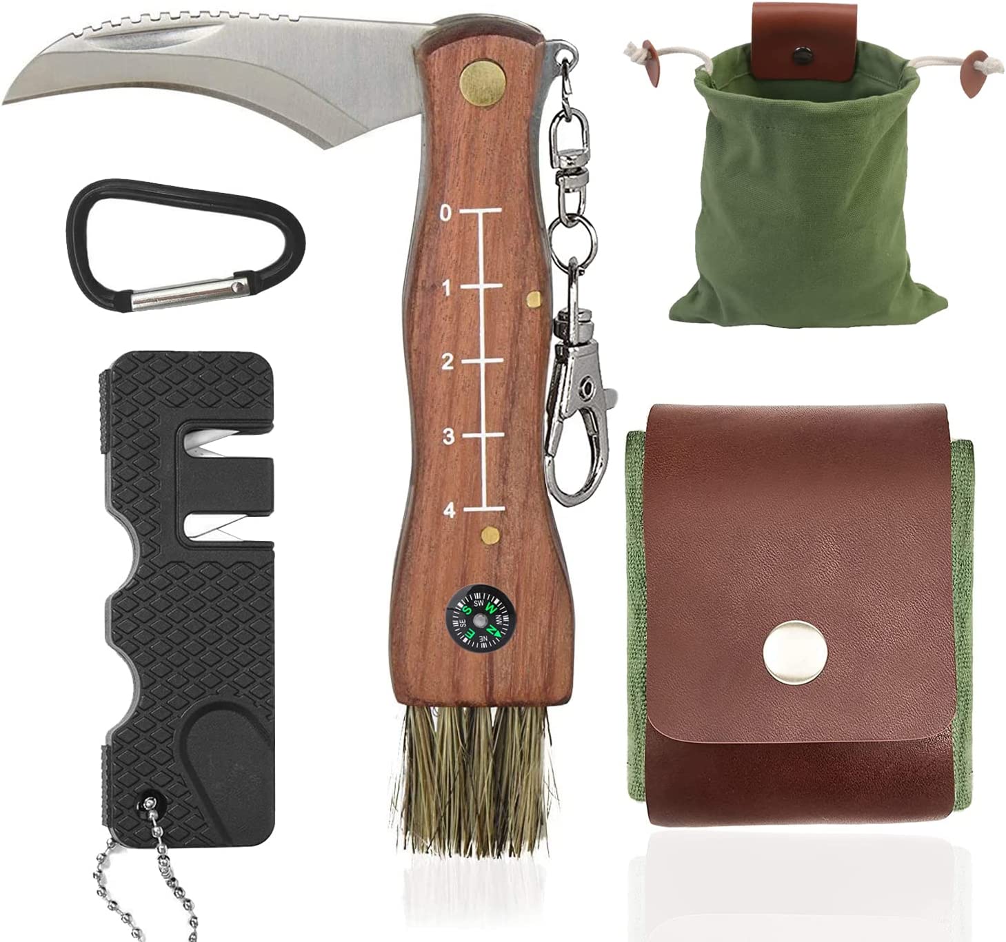 Mushroom Knife with Brush and Foraging Bag Kit, Folding Gardening Knife for Pruning, Foraging Knife with Belt Pouch & Sharpener, Harvest knifes for Outdoor Camping Hunting