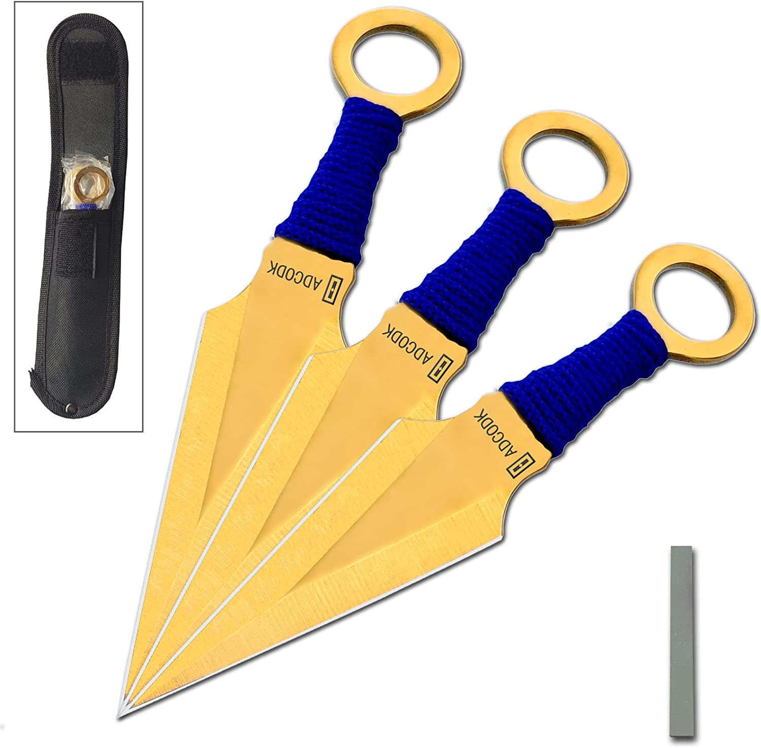 ADCODK Throwing Knives Set Double-edged Blades 3 Gold Tan Kunai Knife Hunting Knives with Cord-wrapped Handles With Nylon Sheath and Sharpening Stone