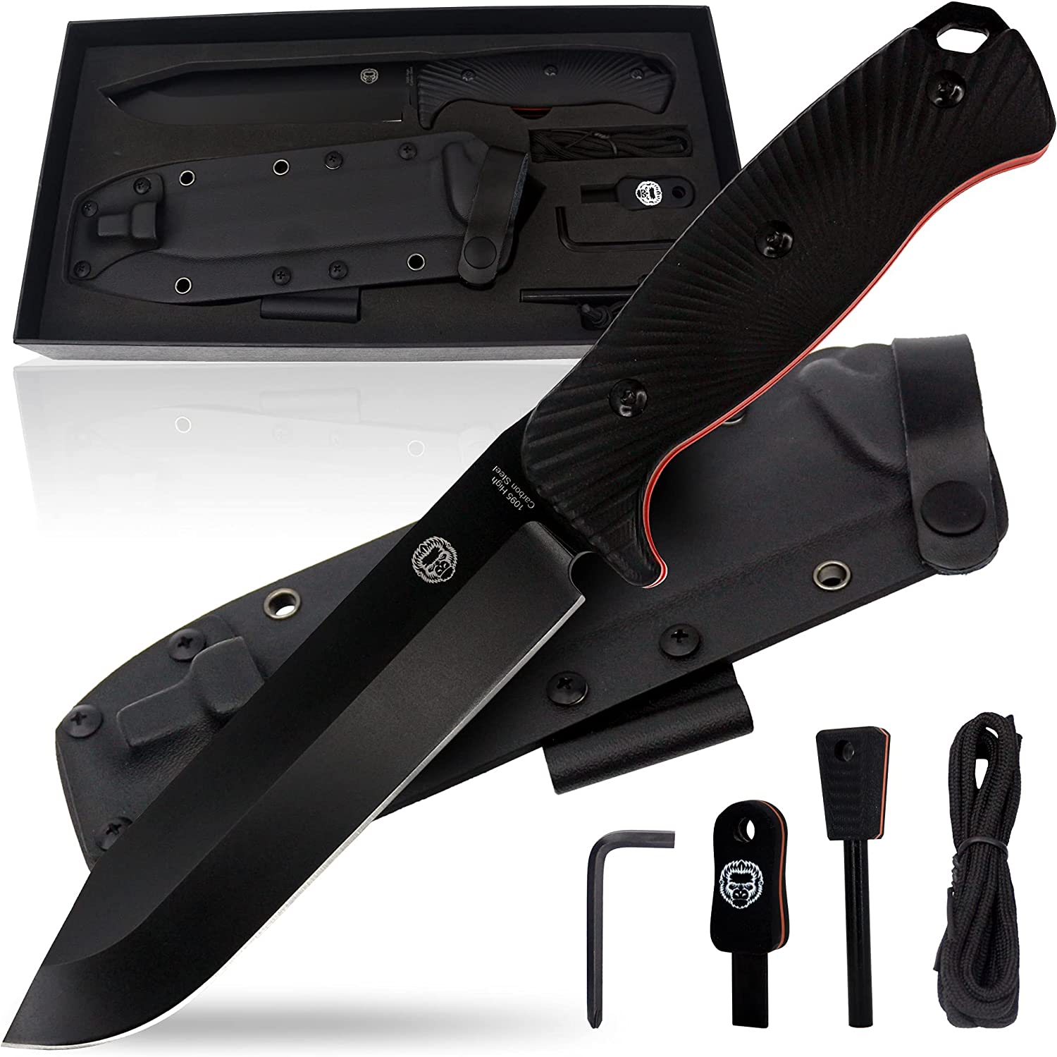 Bushcraft Survival Camping Knife | 1095 High Carbon Steel Fixed Blade Hunting Knife with Sheath | Fire Starter, G10 Scraper & Paracord | Outdoor Chopping Knife |Full Tang Large Survival Knife Kit In Gift Box (Black & Orange)