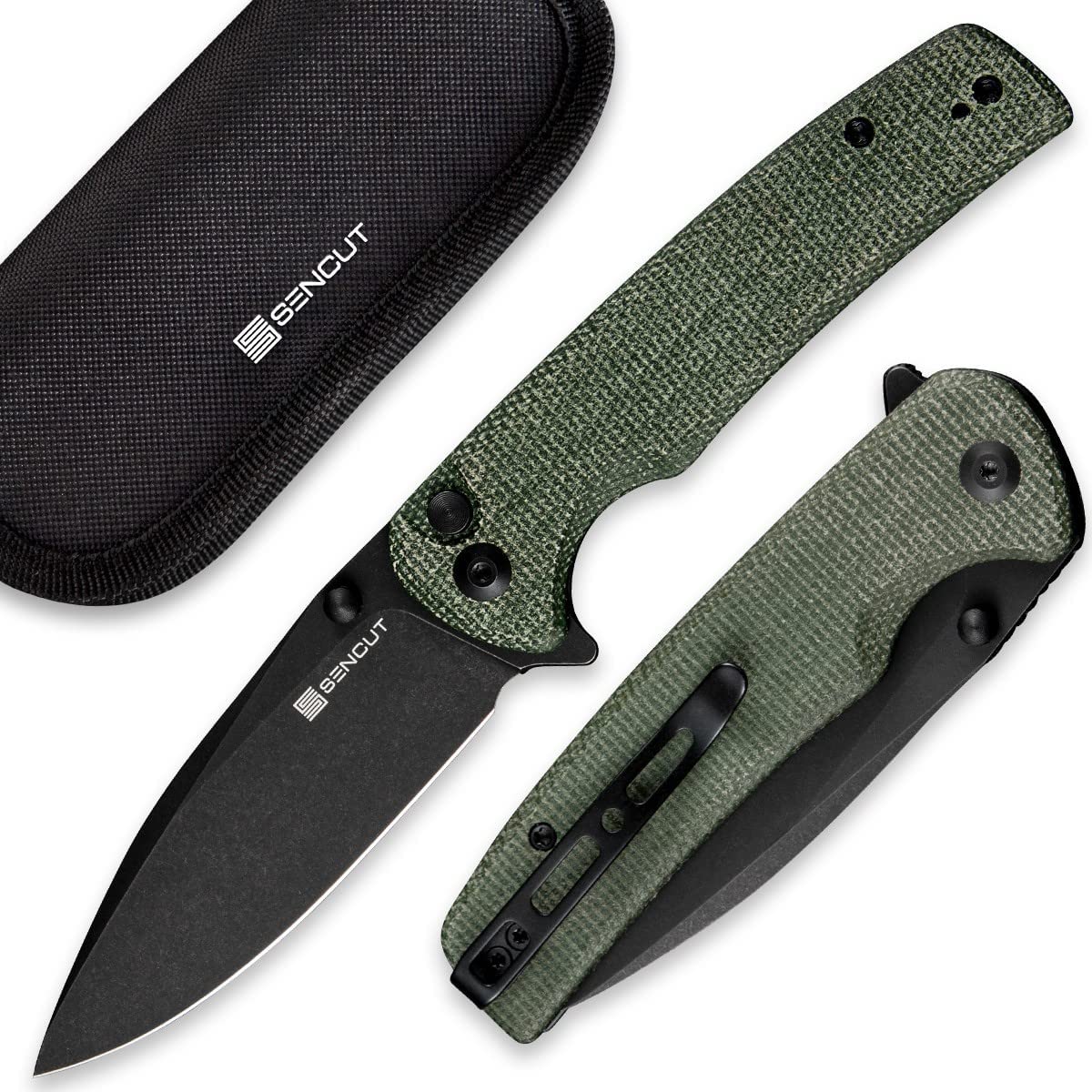SENCUT Sachse Pocket Knife Folding Knife for EDC, Green Micarta Handle Black Stonewashed 9Cr18MoV Blade Foldable Small Knife with Clip, Button Lock Everyday Carry Knife for Men Women, Lightweight for Indoor Outdoor Gift S21007-2