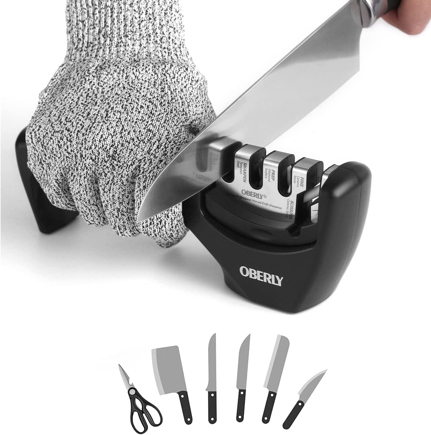 Kitchen Knife Sharpener Aid, OBERLY 4-Stage Knife and Scissors Sharpener with Diamond Abrasives Help Repair, Restore and Polish Dull Blades, Cut-Resistant Glove Included