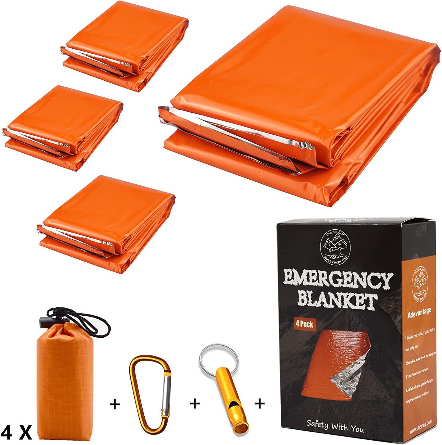 Emergency Blankets, 4 Pack Extra Large Thermal Mylar Foil Space Blanket Heat Sheets for Hiking, Outdoors, Survival, First Aid (Orange)