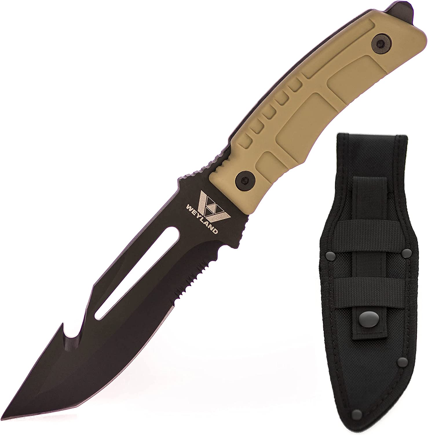 WEYLAND Tactical Hunting Knife with MOLLE Sheath – Bugout Bushcraft Knife and Outdoor Hiking or Camping Knife, Fixed Blade Full Tang Boy Scout Knife