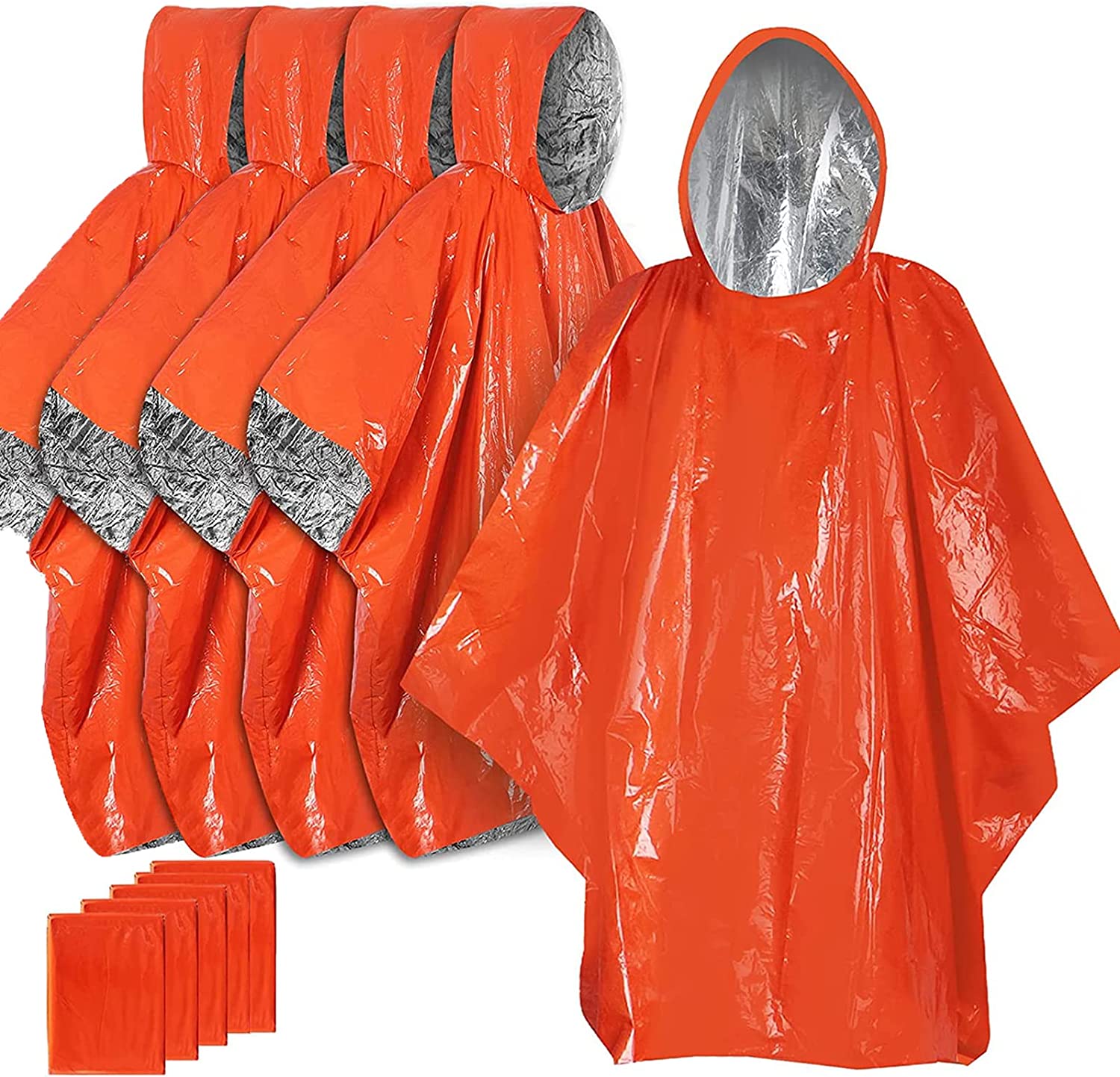 Premium Emergency Survival Life Poncho,5 Thermal Mylar Space Blanket Rain Ponchos -Waterproof Ultralight Use in Camping, Hiking, Survival Gear & Bug Out Bag (Orange) (orange-platinum Edition)