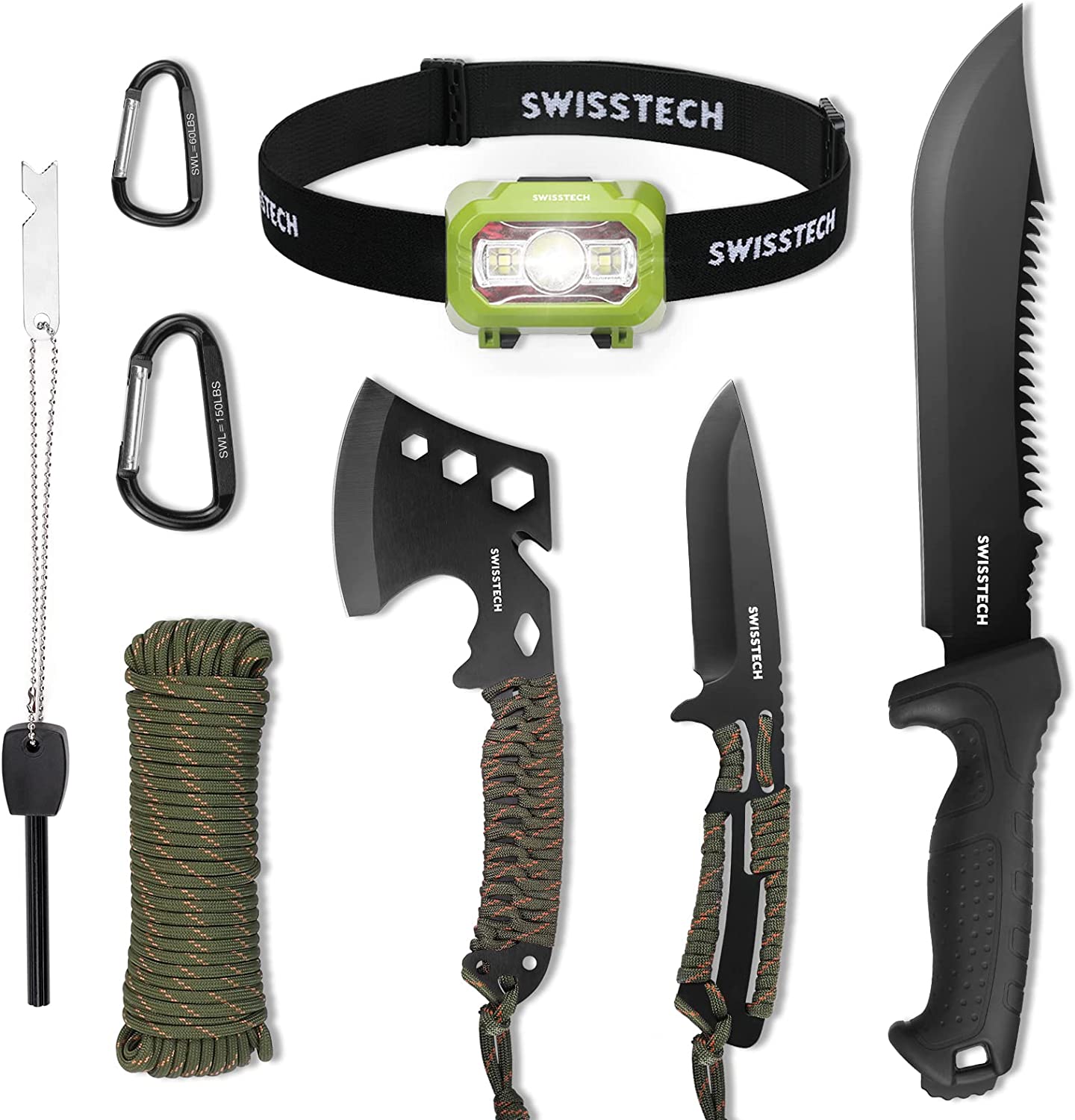Swiss+Tech Hatchet and Machete with Sheath, One-Piece Camping Axe and Fixed Blade Hunting Knives with Rope Handle, 8 Pieces Camping Tool Set Includes LED Headlamp, Paracord, Flint Stick, Carabiners