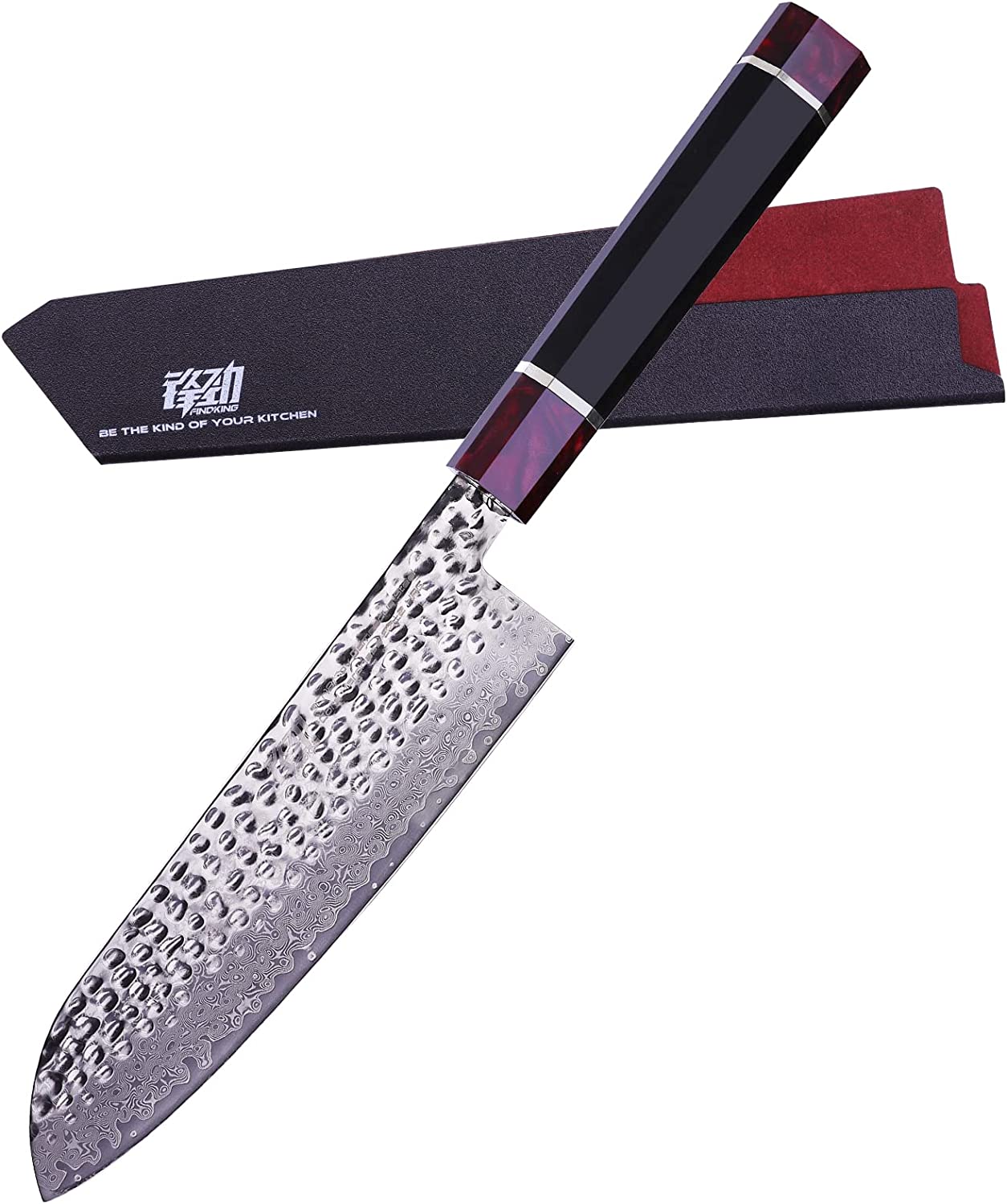 FINDKING Eternity Series Japanese Santoku Knife with ABS sheath, Professional Kitchen Knife, 9Cr18MoV Damascus Steel Blade, Resin Octagonal Handle, for Meat, Fruits, Vegetables, 7 Inches