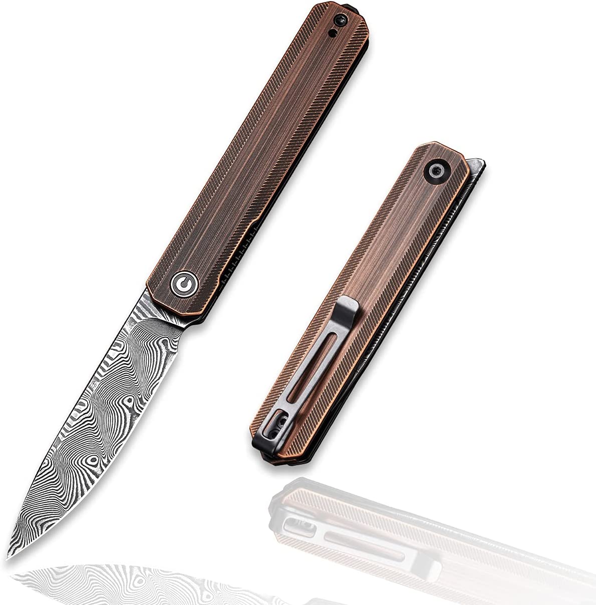 CIVIVI Exarch Damascus Pocket Knife, Front Flipper Small Folding Knife with 3.22 Inch Blade Copper Handle, Deep Carry Pocket Clip Outdoor Knife for Men C2003DS-2