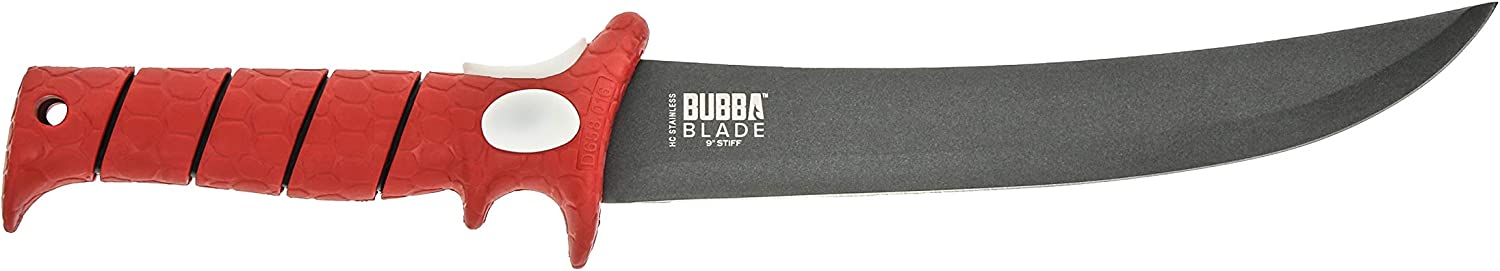 Bubba 9 Inch Stiff Fillet Knife with Non-Slip Grip Handle, Full Tang Beveled Sushi Style Stainless Steel Non-Stick Thick Blade, Lanyard Hole and Synthetic Sheath for Fishing, Hunting and Cooking