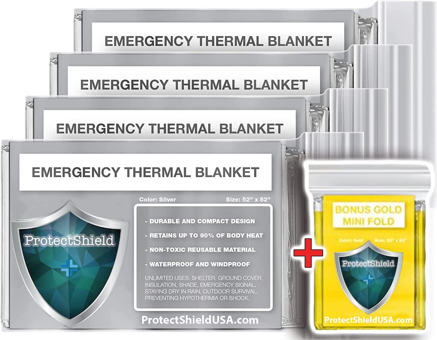 ProtectShield Emergency Mylar Thermal Blankets + Bonus Gold Foil Space Blanket. Designed for NASA, Outdoors, Survival, First Aid, Army Green, 4 Pack (Silver)