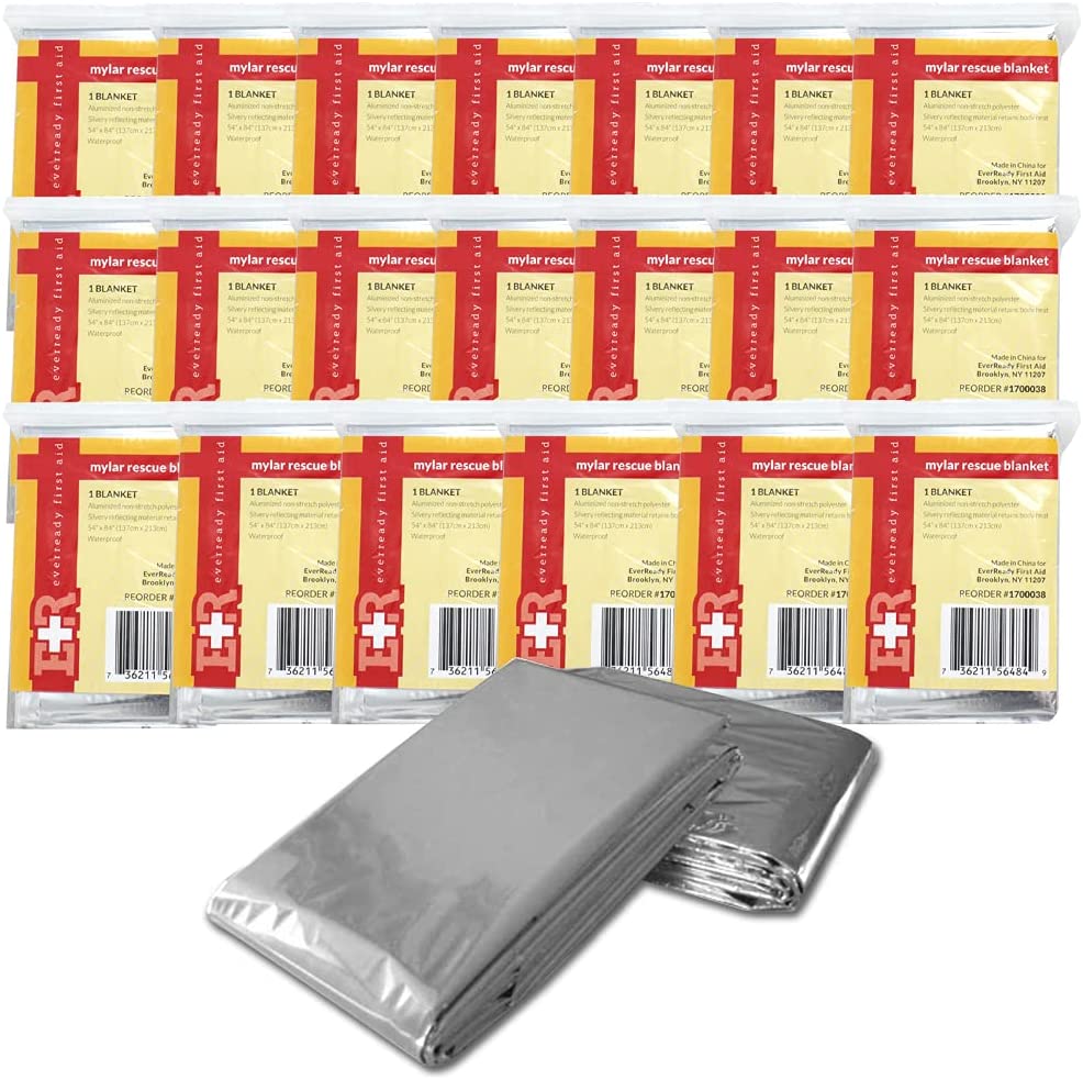 Ever Ready First Aid Mylar Rescue Blanket, Large Silver Thermal Sheet for Emergency and Survival, 54” x 84” – 20 Count