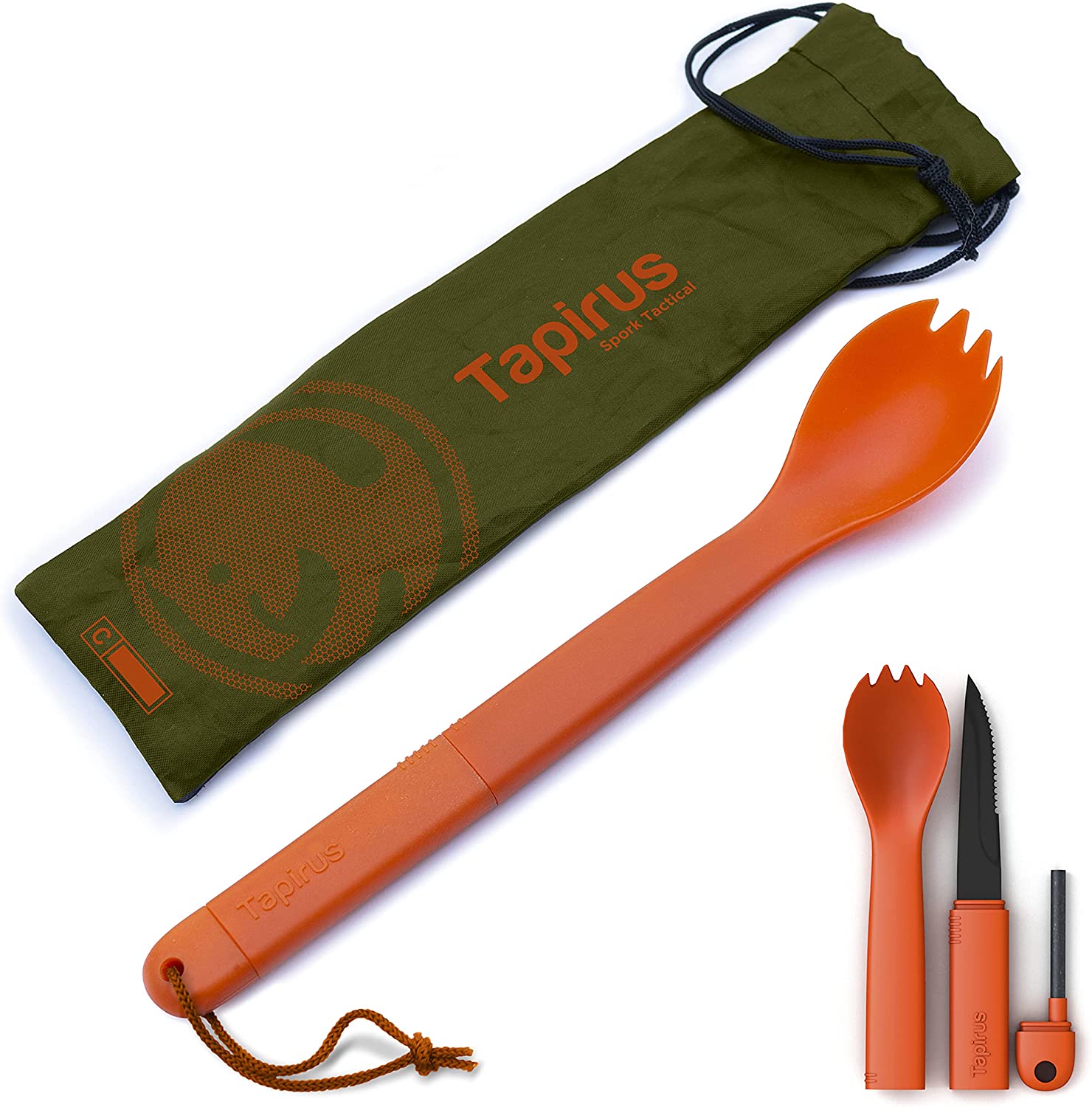 Tapirus Spork Tactical Orange | BPA Free Spoon Fork, Stainless Steel Knife and Fire Starter | 3 in 1 multipurpose utensil | Outdoor hiking, camping & backpacking gear | Fit for MRE