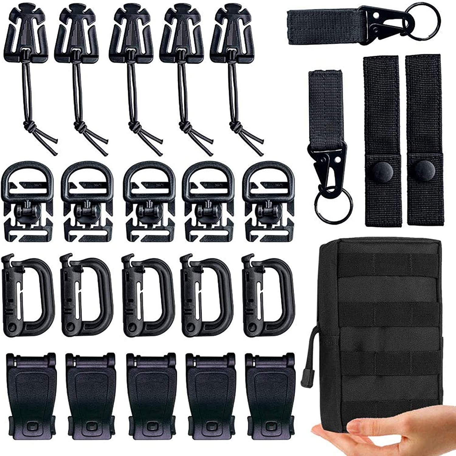 MWZTECH Kit of 25 Attachments for Molle Backpack, Molle Accessories Kit for 1“ Webbing Strap Tactical Backpack,D-Ring Grimloc Locking Gear Clip,Web Dominator Elastic Strings