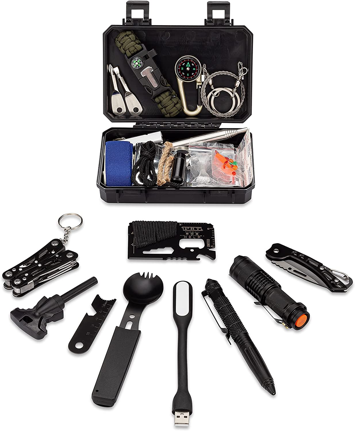 Compact Survival Kit 60 in 1 with SOS Flashlight, Multitools, Survival Bracelet with Whistle & Flint Striker, First Aid Supplies, Emergency Blanket, Fishing Line & Bait, Compass, Spork, Wire Saw