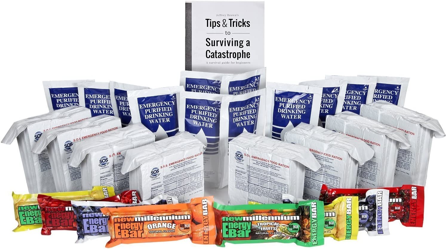 S.O.S. Rations Survival Emergency 3600 Calorie Food Bar + Pouch Emergency Purified Drinking Water + Assorted Millenium Energy bars w/ Tips Guide by Jeff Brown