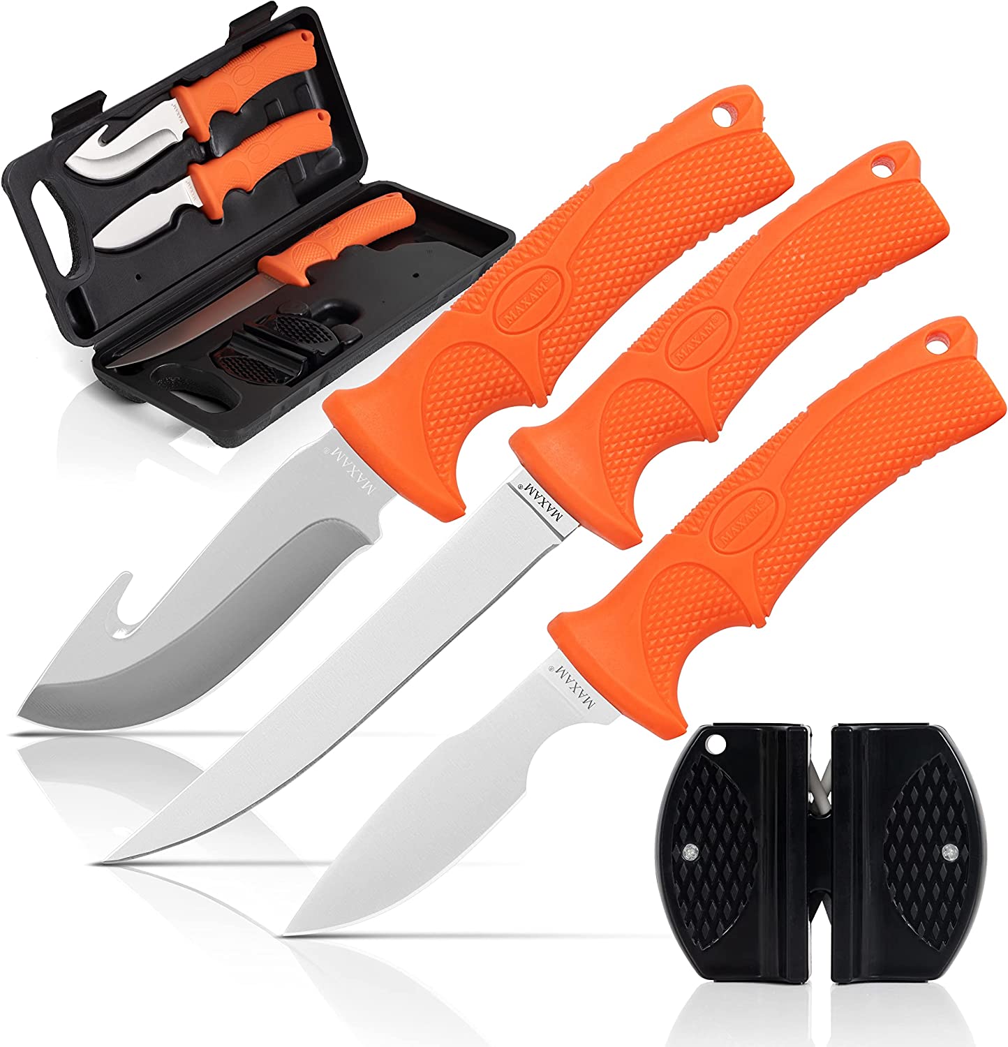 Maxam 5-Piece Fixed Blade Skinning Knife Set – Stainless Steel Dressing Tools with Orange Handles – 8.75" Skinning Knife, 8.75" Caping Knife, 10.5" Boning Knife, Storage Case, Double-Sided Sharpener
