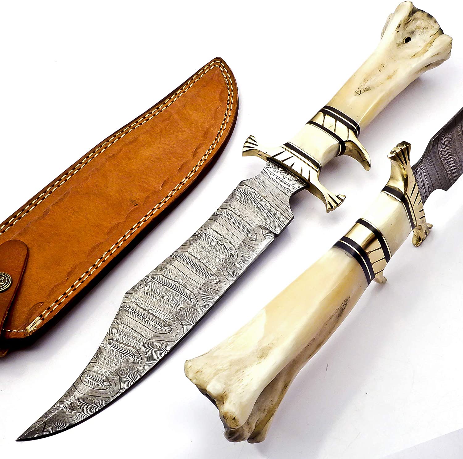 HandSmith 15" Handmade Damascus Steel Hunting Knife, Hand Forged Damascus Steel Fixed Blade Bowie Knife, Genuine Leather Sheath, Camel Bone Handle Firm Grip (White)