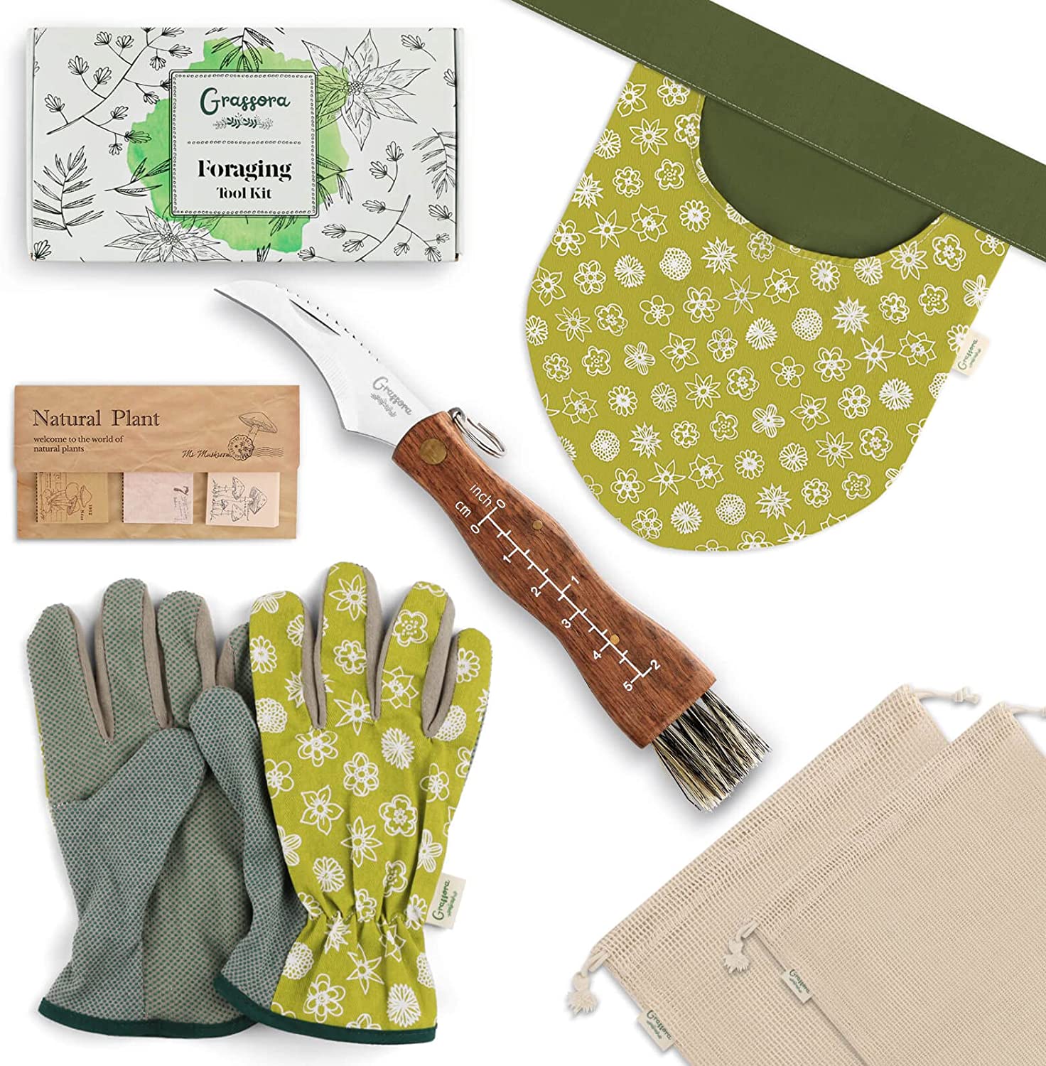 Grassora 6-in-1 Foraging Kit with Mushroom Mesh Bags, Pounch, Knife, Gloves and Stickers, for Beginners Pros, Hunting Supplies Foragers’ Gift, Army Green