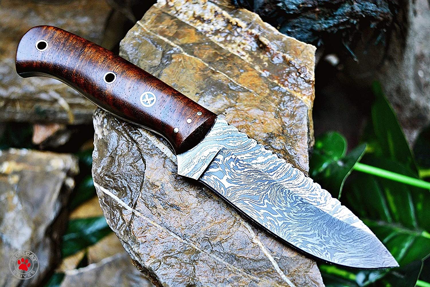 BIGCAT ROAR Handmade Damascus Steel Bushcraft Survival Knife with Leather Sheath, EDC Skinner Knife, Little Champ
