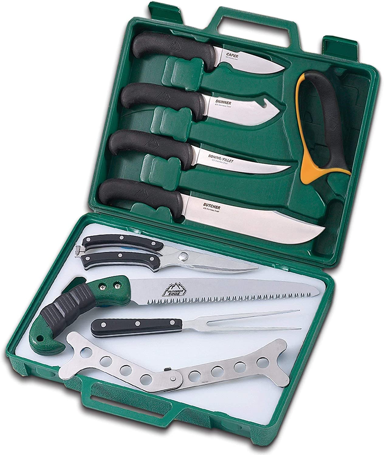 Outdoor Edge Game Processor, 12-Piece Field to Freezer Hunting & Game Processing Knife Set with Caping Knife, Gut-Hook Skinner, Boning/Fillet Knife, Butcher Knife, Wood/Bone Saw, Shears, and More