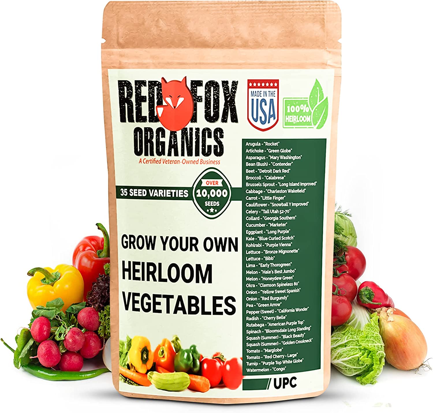Heirloom Seed kit – 10,000+ Non-GMO and Heirloom Seeds – 35 Varieties of Fruit and Vegetable Seeds – Re-closable Moisture Resistant Packaging by Red Fox Organics
