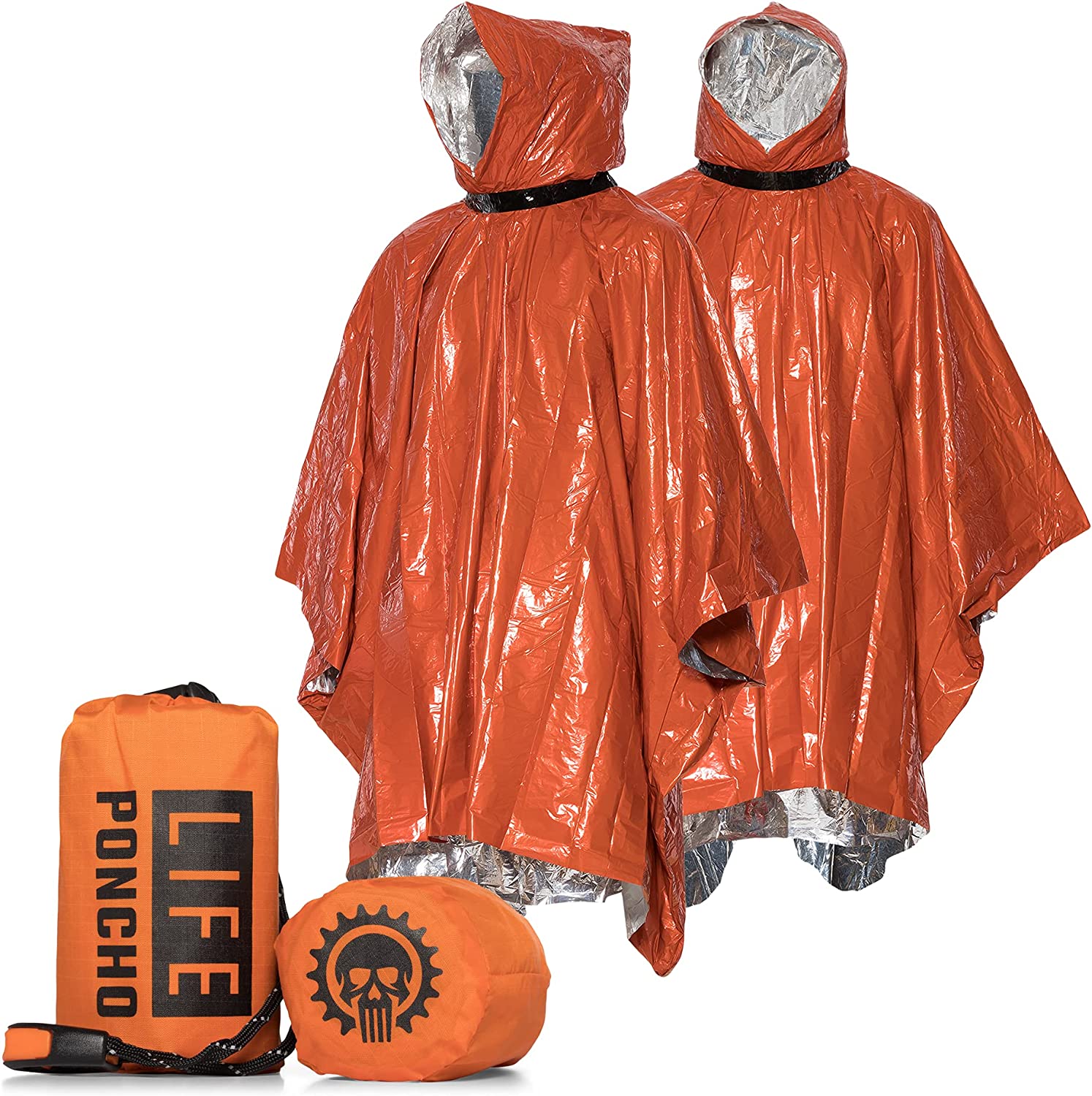 Go Time Gear Emergency Survival Life Poncho – 2 Thermal Mylar Space Blanket Rain Ponchos – Use in Camping, Hiking, Survival Gear & Bug Out Bag – Includes Survival Whistle & Paracord String (Orange)