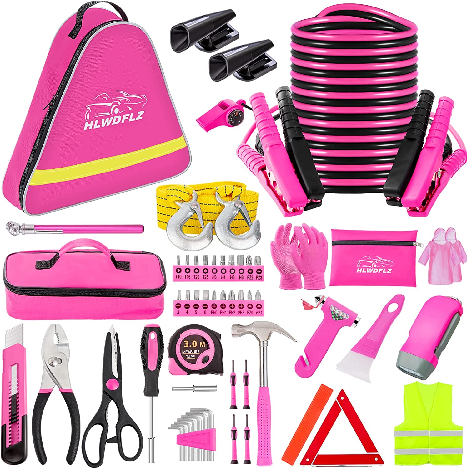 HLWDFLZ Car Emergency Kit – Pink Roadside Assistance Emergency Kit with Jumper Cables, Auto Repair Tool Set, Deer Whistles, Winter Car Safety Roadside Assist Kit for Teen Girl and Ladies