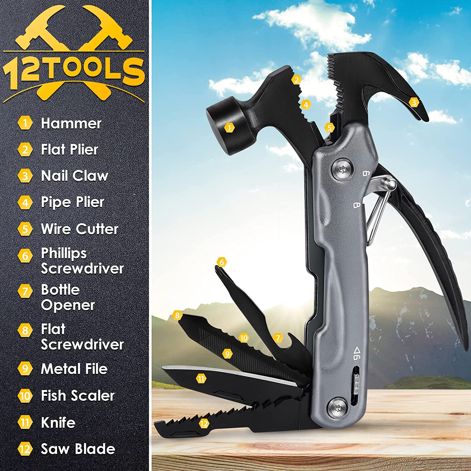 Camping Accessories Multitool Gifts for Men – 12 in 1 Christmas Stocking Stuffers Hammer Multi Tool Birthday Gift for Dad Boyfriend Women Husband Cool Stuff Gadgets Pocket Tools for Fishing Hunting