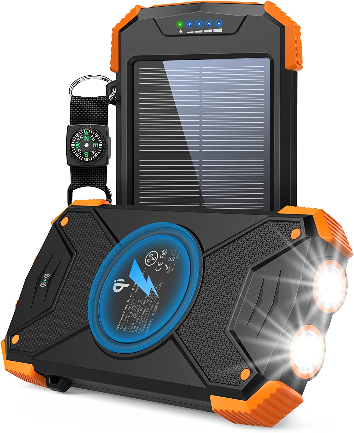 BLAVOR Solar Power Bank, Qi Portable Charger 10,000mAh External Battery Pack Type C Input Output Dual Super Bright Flashlight, Compass Carabiner, Solar Panel Charging (Orange)
