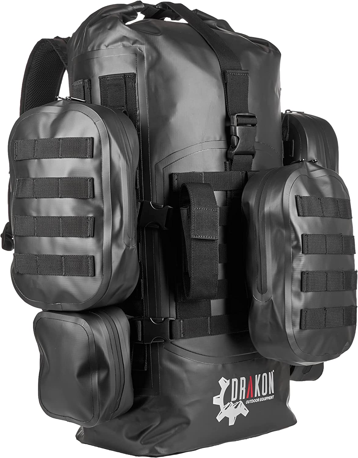 Drakon Outdoors 40L Waterproof Dry Bag Survival Backpack – Roll Top Go-Bag Perfect for Boating, Camping, Hunting, Kayaking – Black Padded Adjustable Straps With MOLLE System
