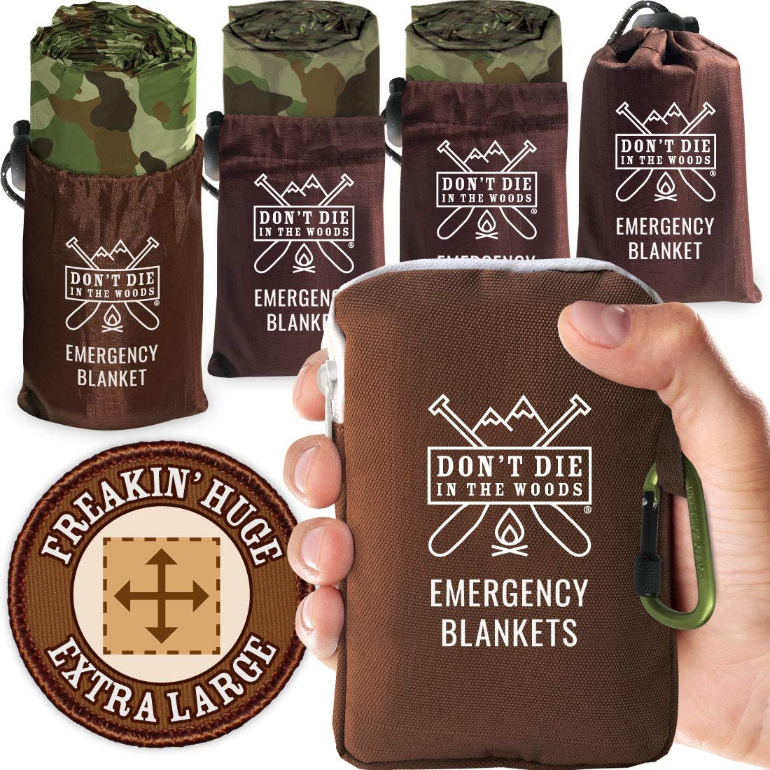 Don’t Die In The Woods – Freakin’ Huge Emergency Blankets [4-Pack] Extra-Large Thermal Mylar Space Blankets with Ripstop Nylon Stuff Sacks + Carabiner Zipper Pack [Woodland Camo]