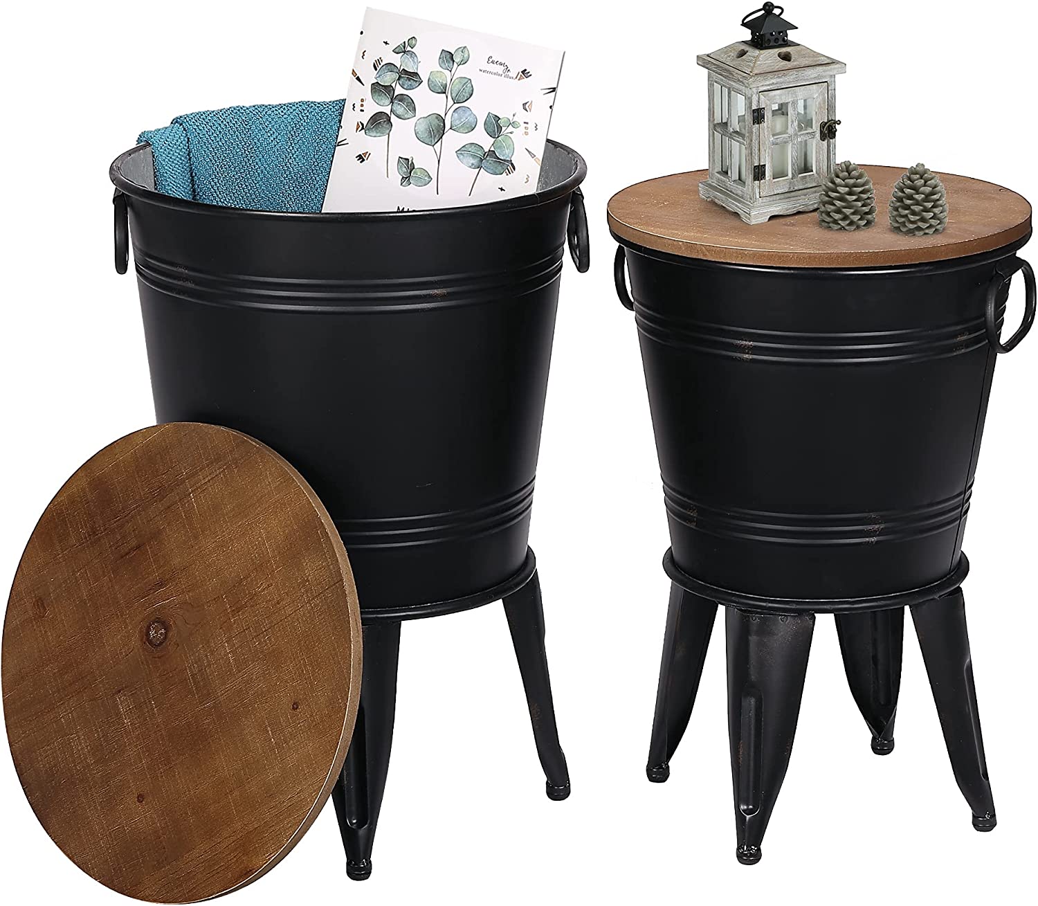RUSTOWN Farmhouse Accent Side Table, Rustic Antique Galvanized End Coffee or Cocktail Table, Storage Metal Bin with Round Wood Lid Set of 2 (Black)