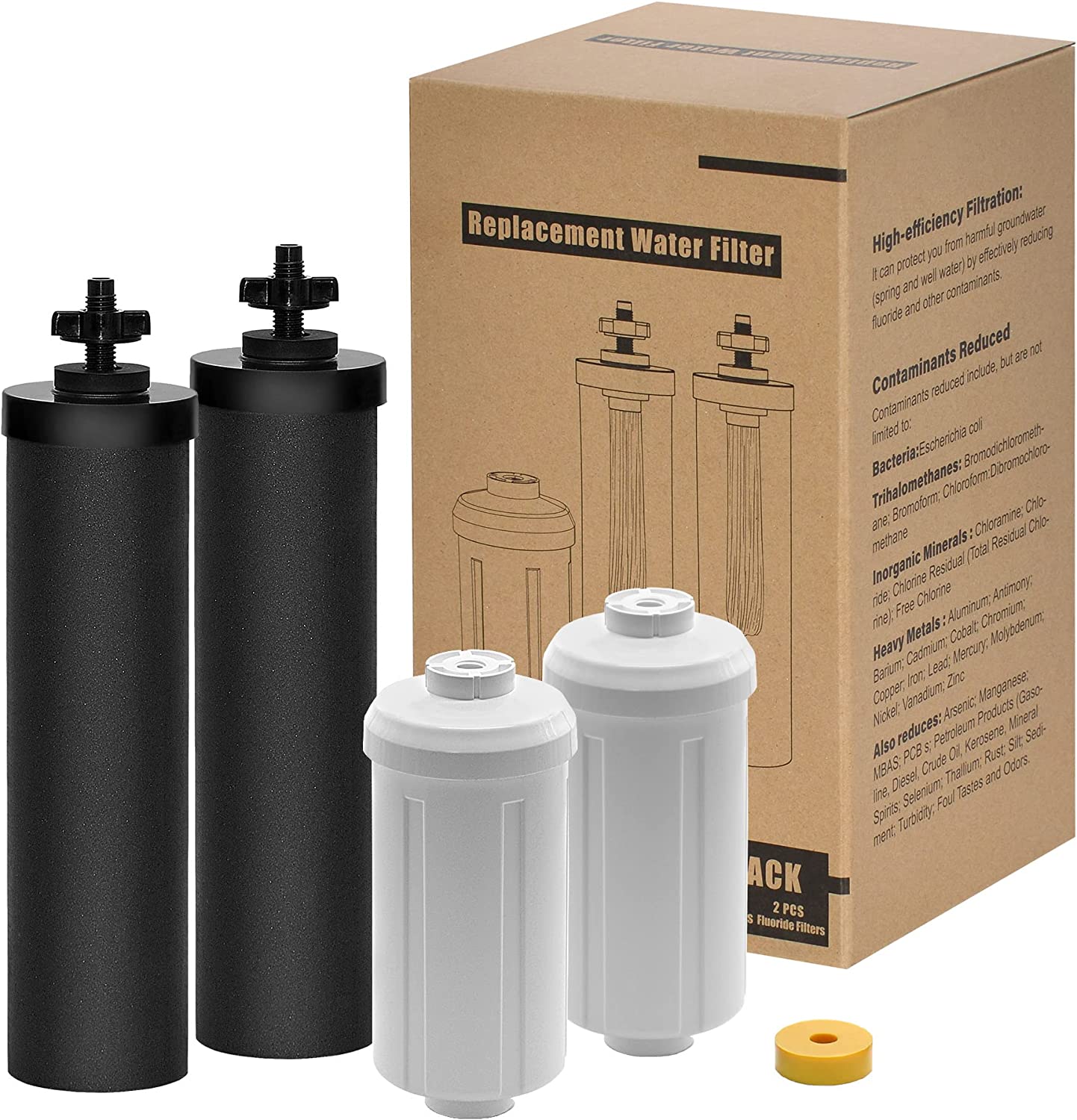 Black and Fluoride Water Filter Replacement Kit Compatible with Royal Berkey Water Filter System, 2 Pcs Black BB9-2 Filters and 2 Pcs PF-2 Fluoride Filters for Berkey Water Filters Replacement
