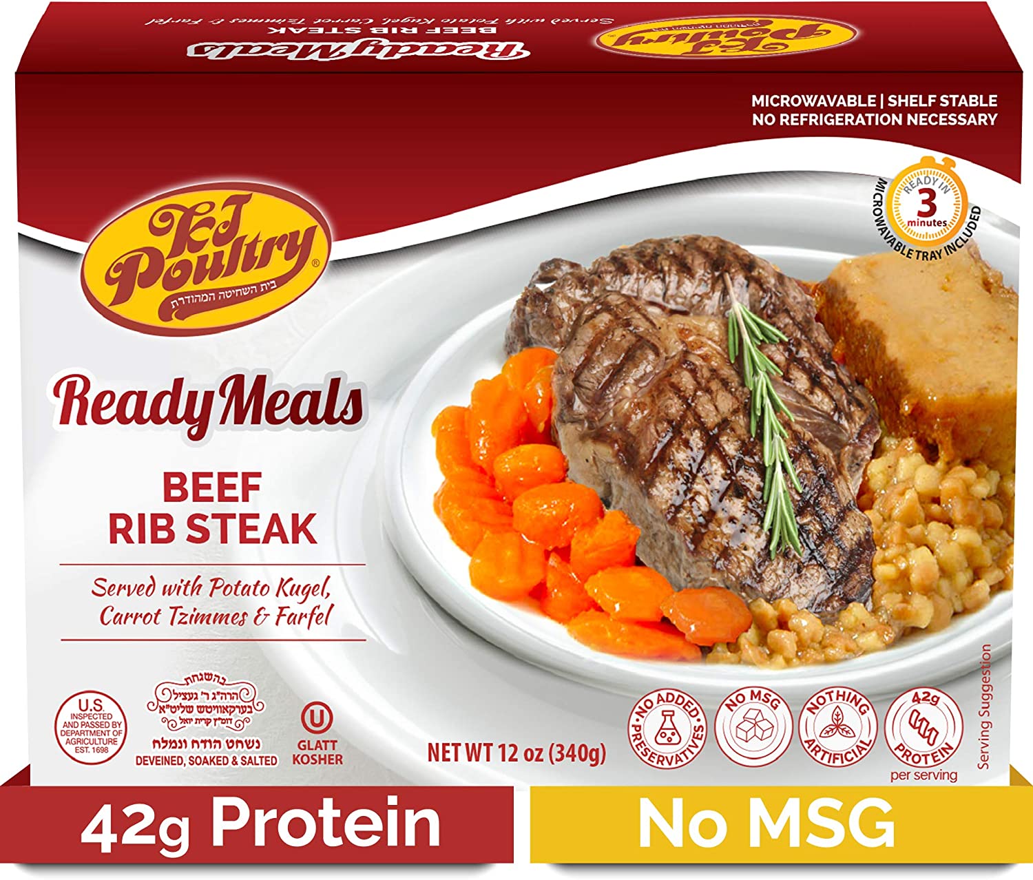 Kosher MRE Meat Meals Ready to Eat, Beef Rib Steak & Kugel (1 Pack) Prepared Entree Fully Cooked, Shelf Stable Microwave Dinner – Travel, Military, Camping, Emergency Survival Protein Food Supply