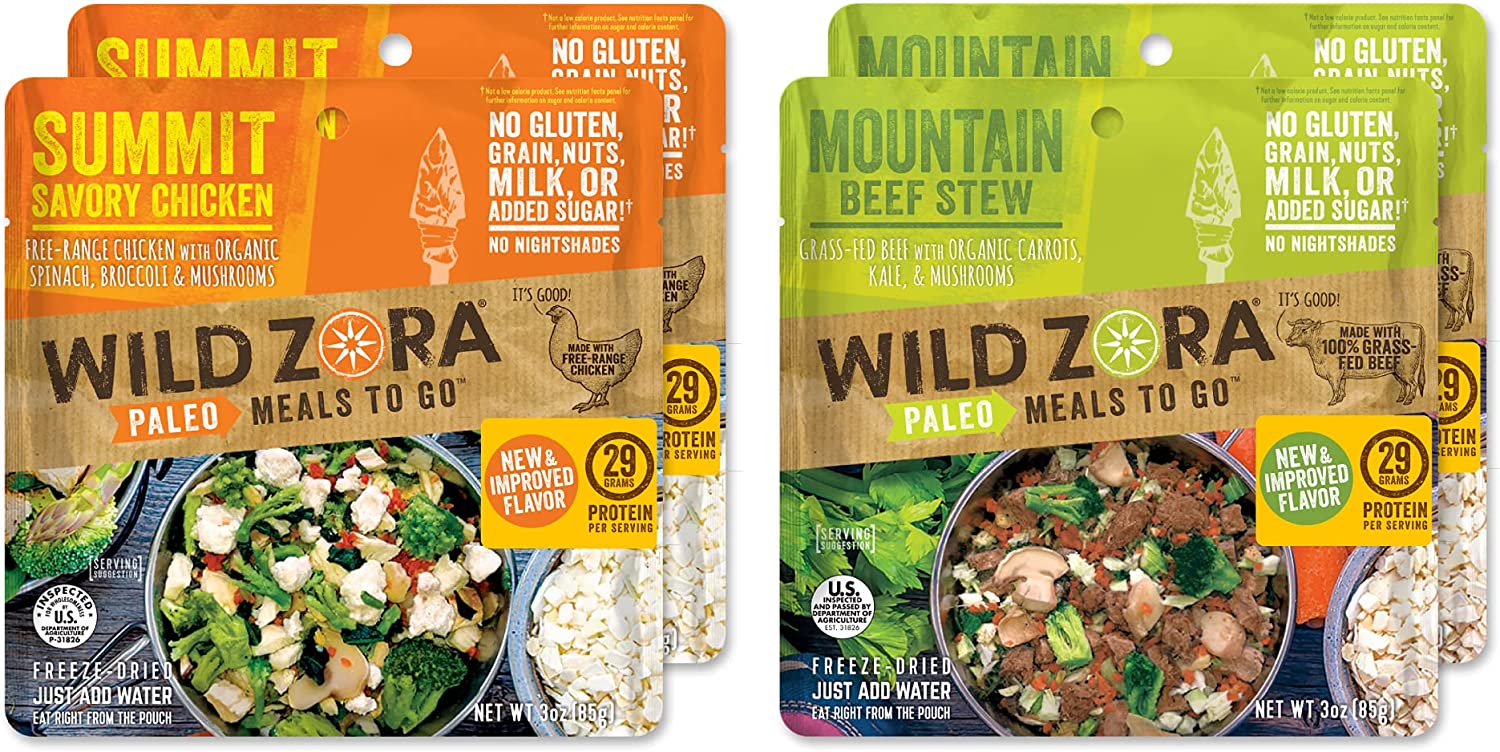 Wild Zora AIP Paleo Gluten-Free Meals (4-pack) – Summit Chicken, Mountain Beef – 100% Grass-Fed Beef, Free-Range Chicken – Freeze Dried Meals for Backpacking, Camping, or Travel