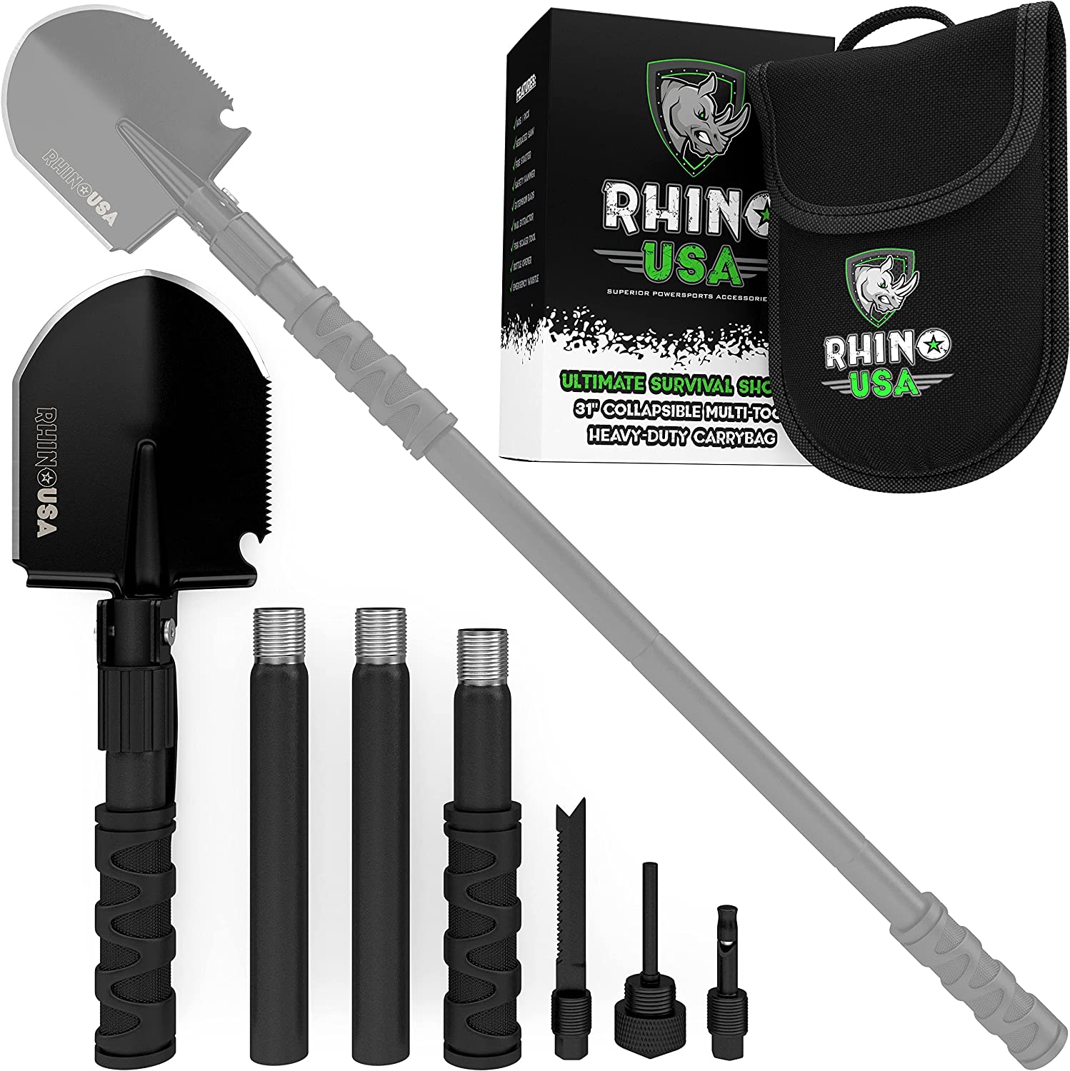 Rhino USA Survival Shovel w/Pick – Heavy Duty Carbon Steel Military Style Entrenching Tool for Off Road, Camping, Gardening, Beach, Digging Dirt, Sand, Mud & Snow. (Survival Shovel)
