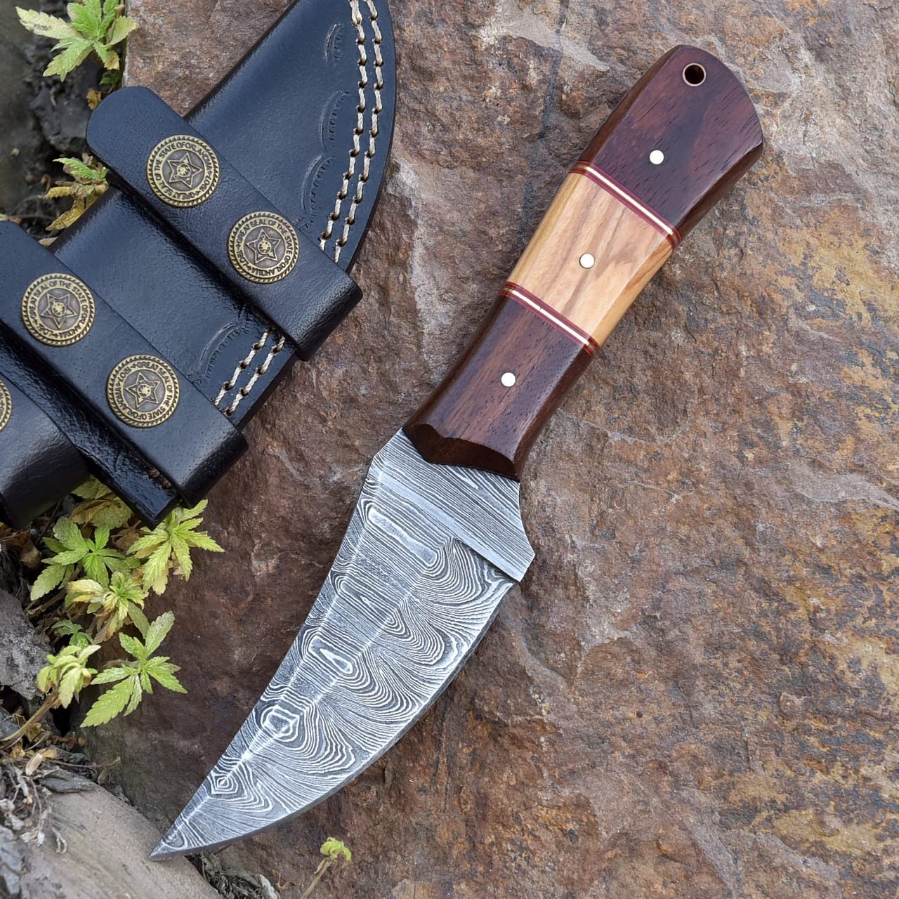 Grace Knives Handmade Damascus Steel Hunting Knife 8 Inches Fix Blade Knife With Leather Sheath G-038 (Wood And Olive)