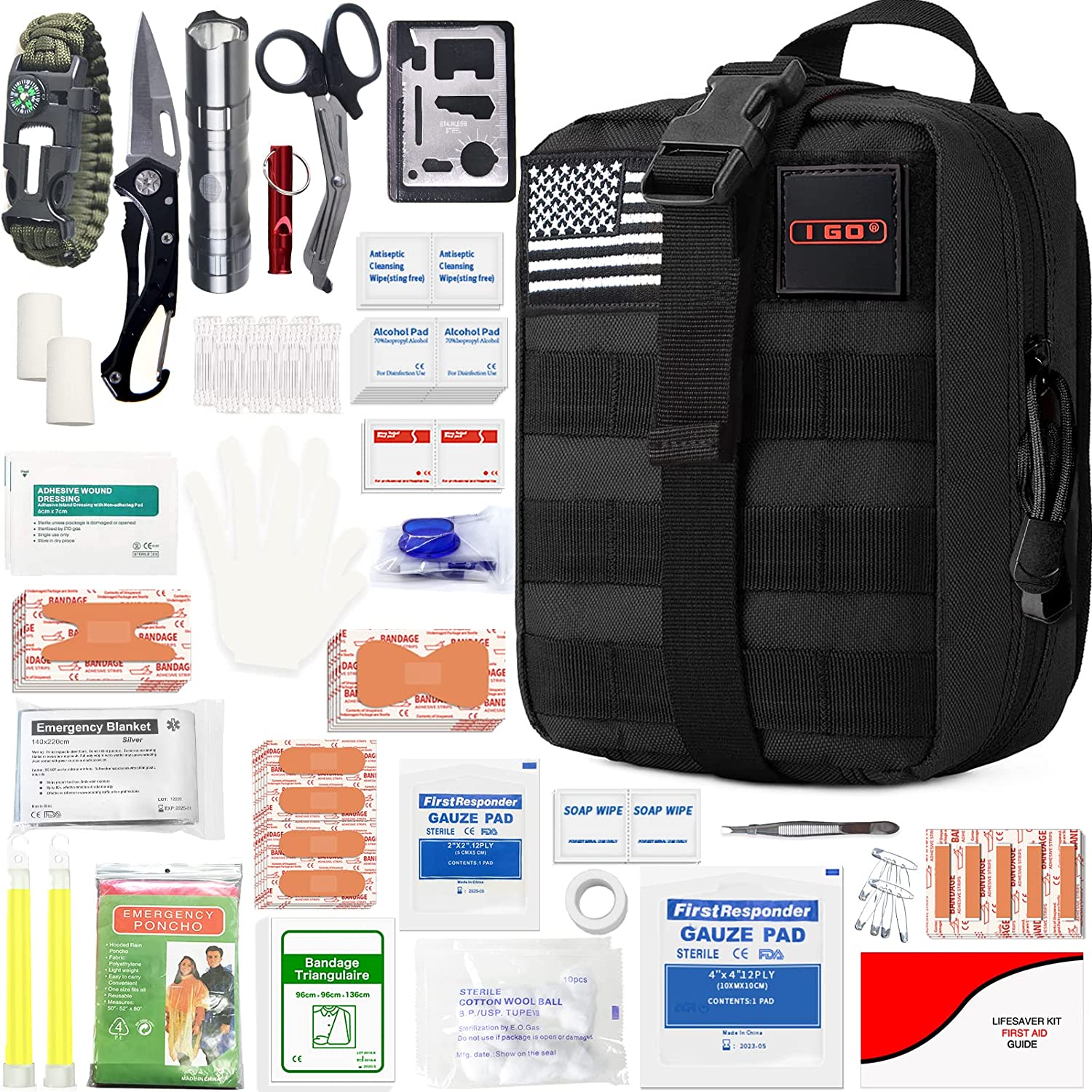 I GO Survival First Aid Kit, 251 Pieces Compact Tactical Trauma First Aid Bag, Molle Compatible Emergency Pouch for Outdoor Camping Hiking Backpacking and Travel, Black