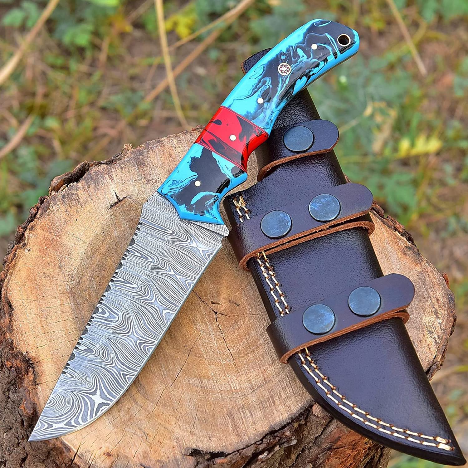 BG Knives 10 Inches Handmade Damascus Steel Knife With Leather Sheath Full Tang Hunting Skinner Fixed Blade knife Resin Handle HR-128