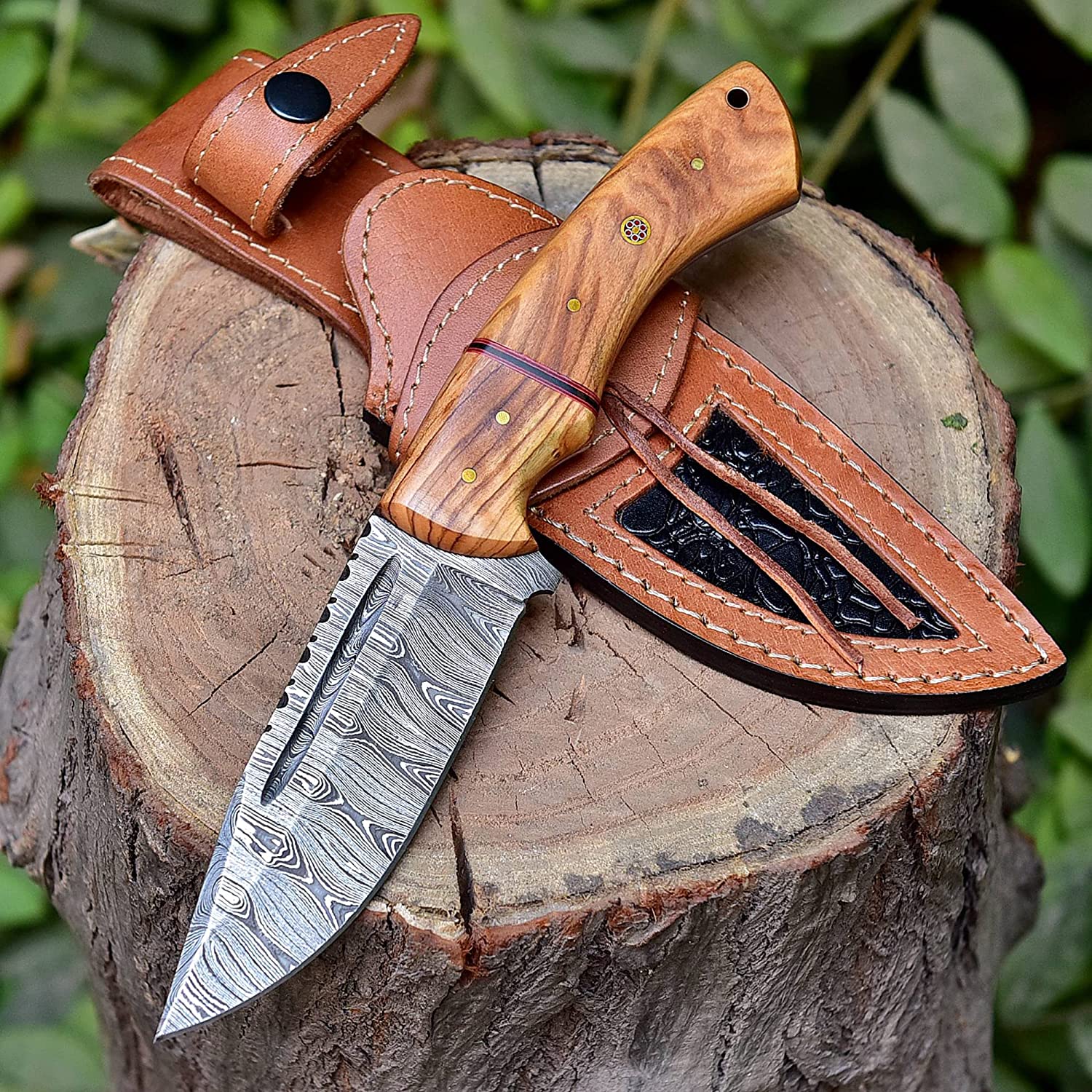 BG Knives Handmade Damascus Steel Hunting Fixed Blade Knife With Leather Sheath, Olive Wood Handle – 9.75" Length Full Tang Multipurpose Knife K-152