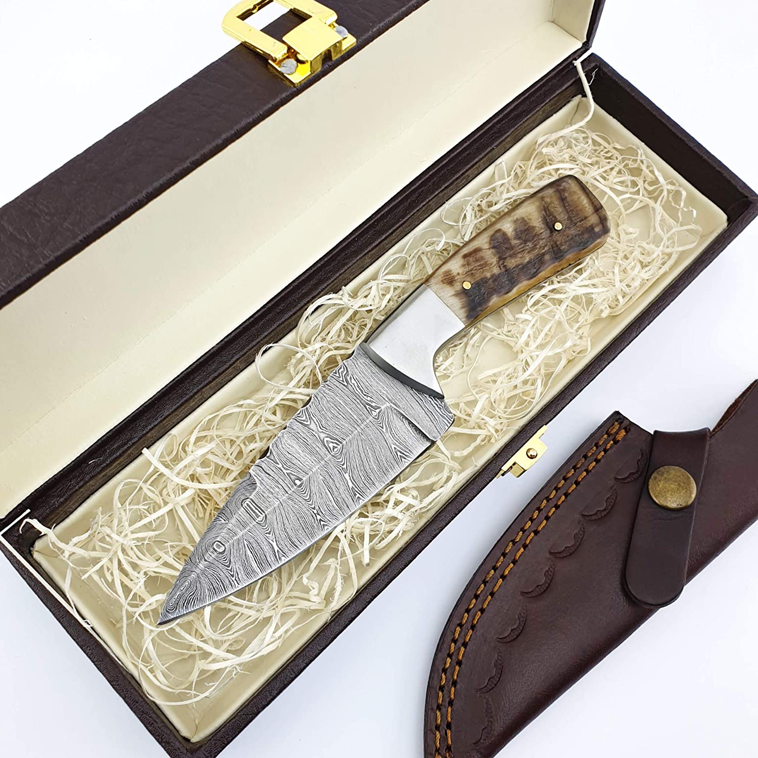 SS-1 Knife4U Damascus Hunting Knife with Sheath|8" Best Camping,Hiking,Tactical,Survival Knife for Men|EDC Bushcraft Accessories Tool|Sharp Blade with Natural Handle and Knife Display Box