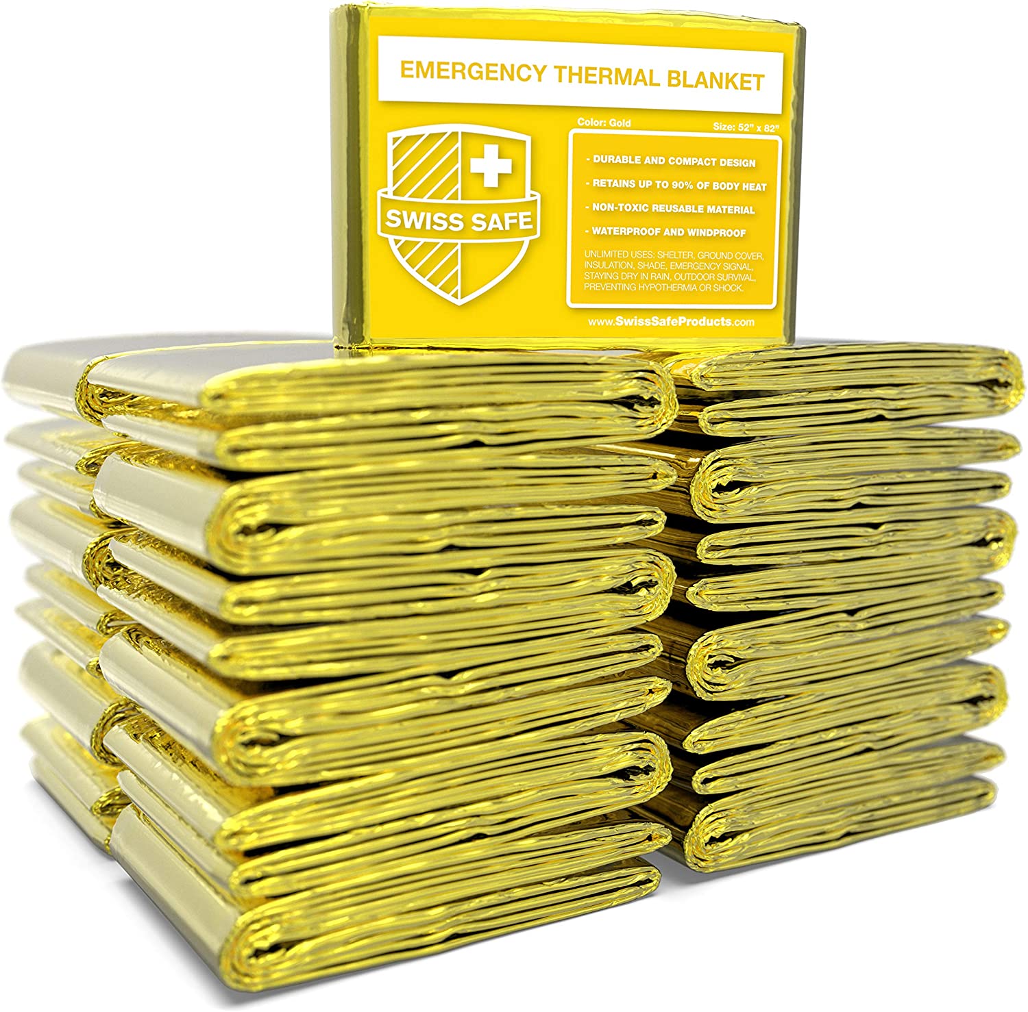 Swiss Safe Emergency Mylar Thermal Blankets + Bonus Gold Foil Space Blanket. Designed for NASA, Outdoors, Survival, First Aid, Gold, 25 Pack