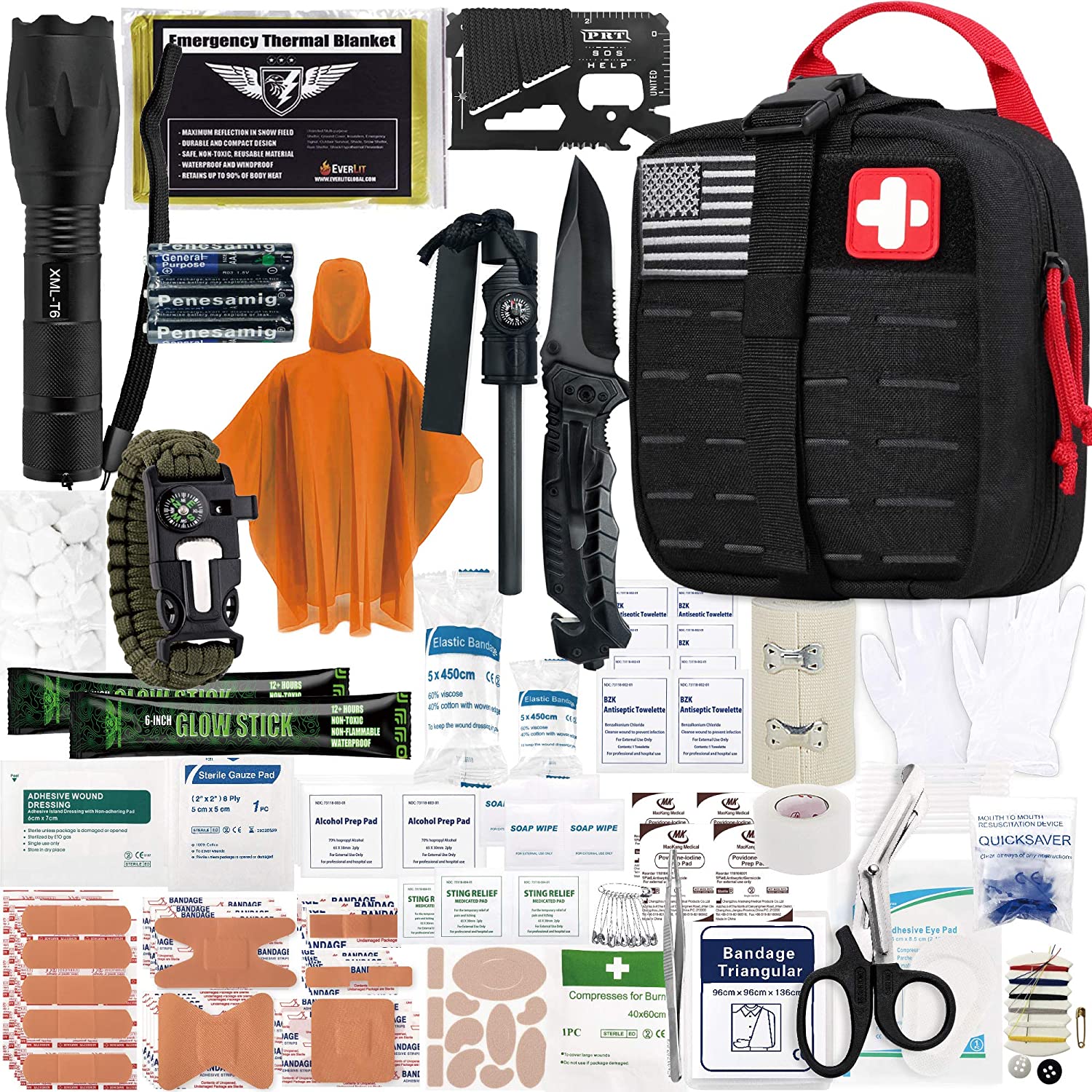EVERLIT Survival Upgraded Survival First Aid Kit Emergency Gear Trauma Kit with 1000D Nylon Laser Cut Tactical EMT Pouch for Outdoor, Camping, Hunting, Hiking, Earthquake, Home, Office