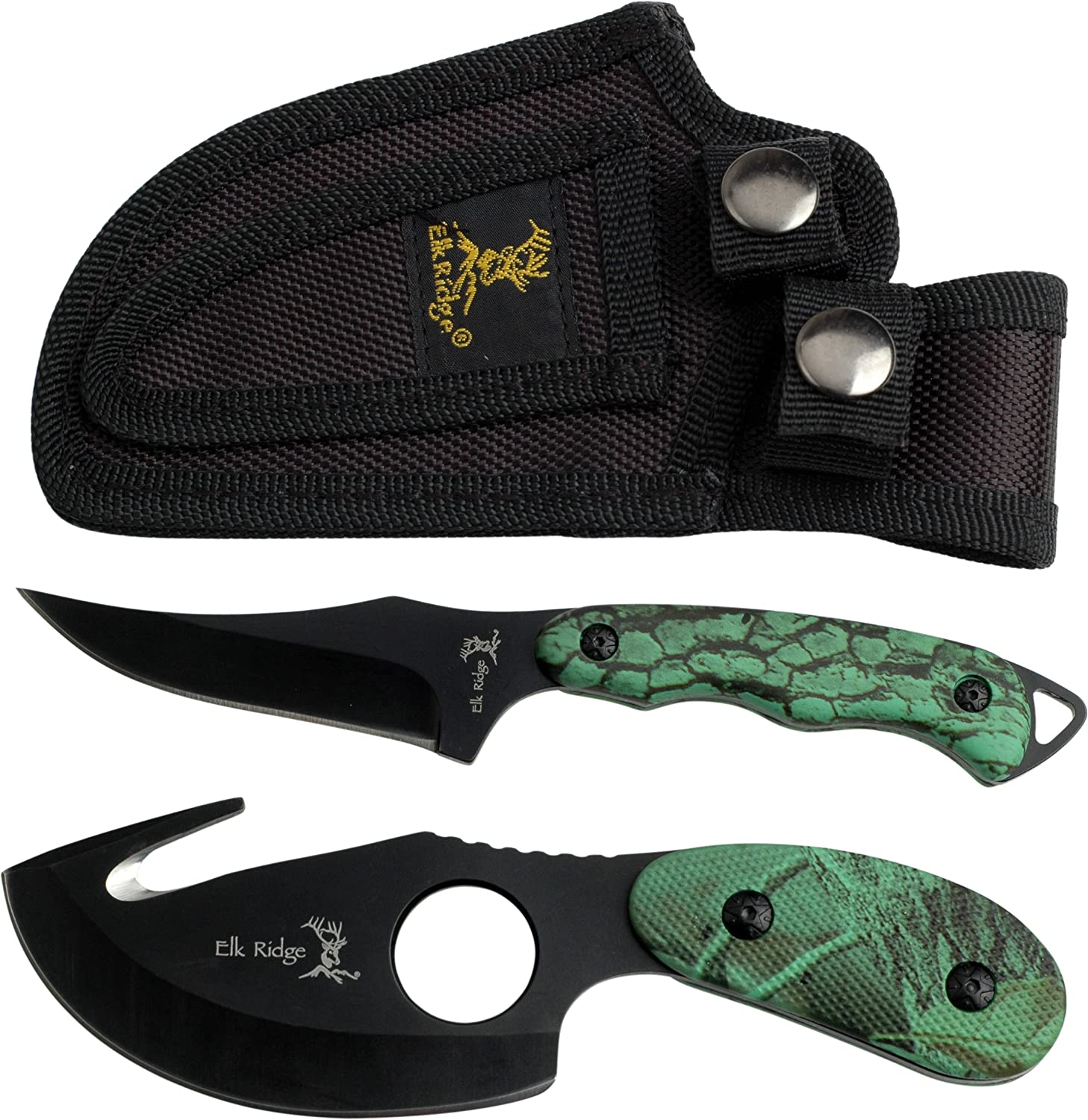 Elk Ridge – Outdoors 2-PC Fixed Blade Hunting Knife Set – Black Stainless Steel Skinner and Gut Hook Blades, Camo Coated Nylon Fiber Handles, Nylon Sheath – Hunting, Camping, Survival – ER-300CA, 7-Inch/6.5-Inch Overall