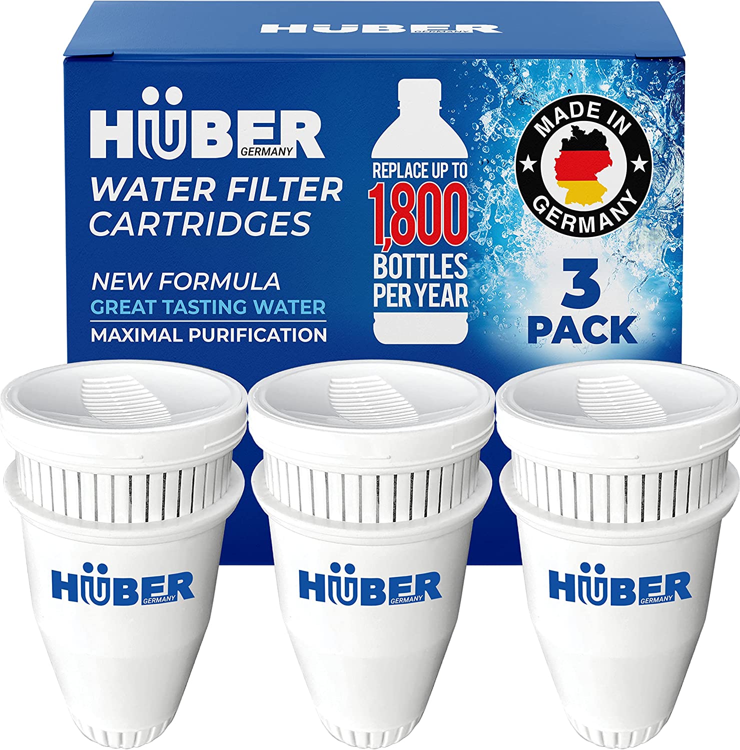 Huber Replacement Brita Water Filter for Pitchers & Dispensers, German Made Months Supply of BPA Free Water Filters, Technology for Superior Filtration & Taste, Compatible with Brita, 3-Pack