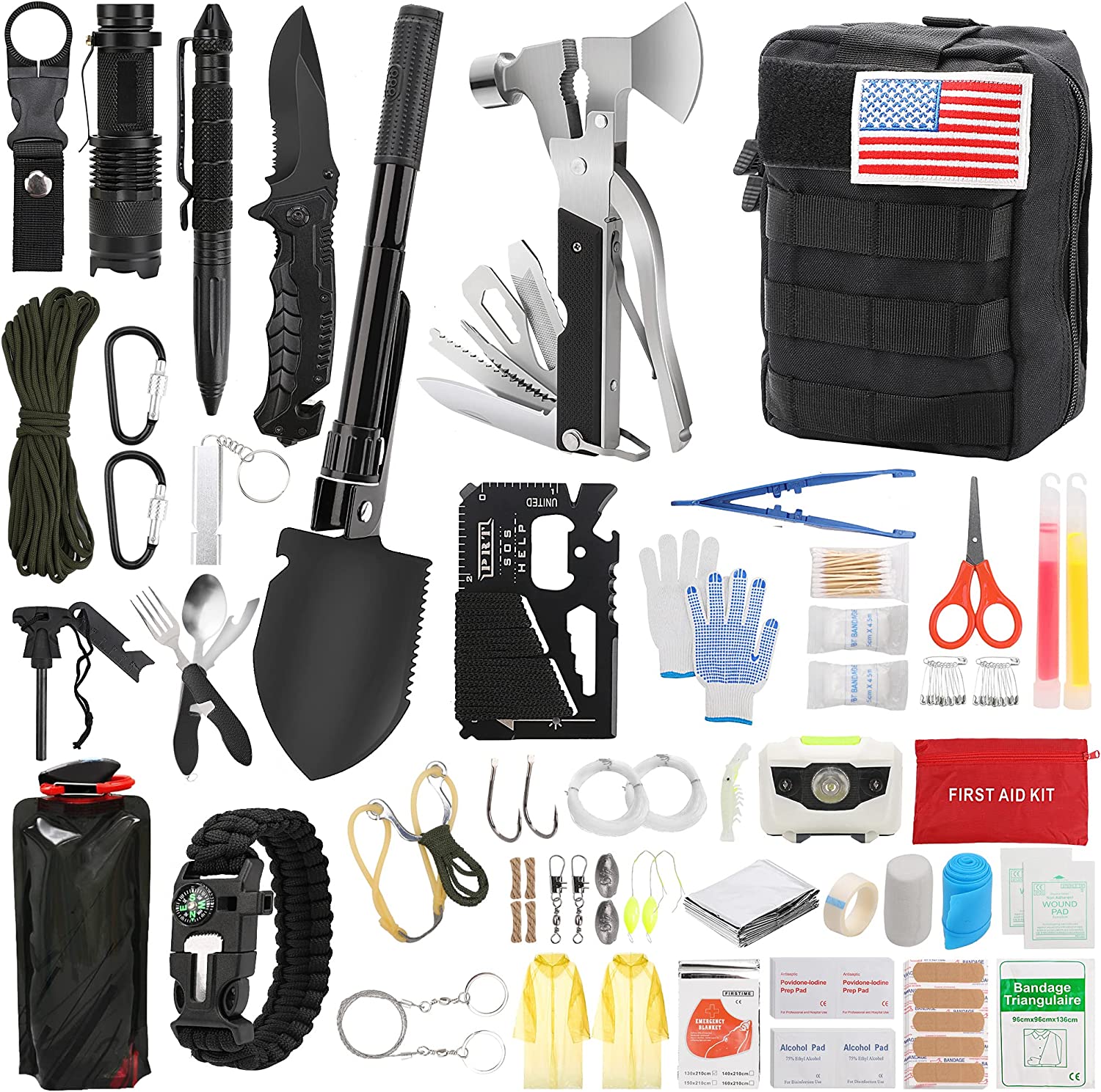 Emergency Survival Kit and First Aid Kit 182 Pcs Gear Tool Tactical First Aid Kit Trauma Bag with Molle Pouch for Camping Hiking Outdoor Adventure
